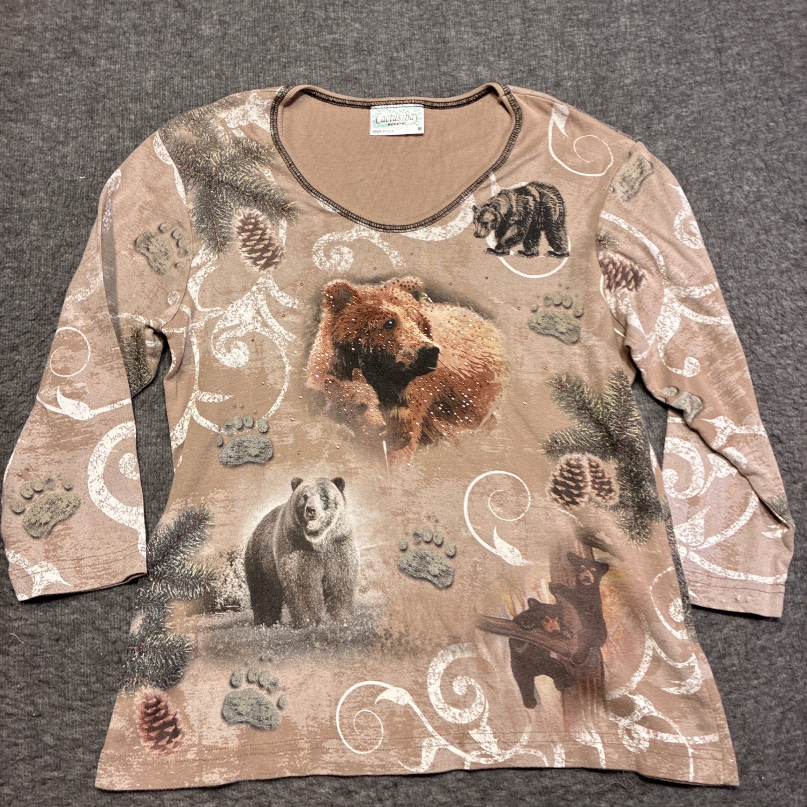 Cactus Bay Apparel Bear Graphic Top Women Medium Brown Vintage Rhinestone USA