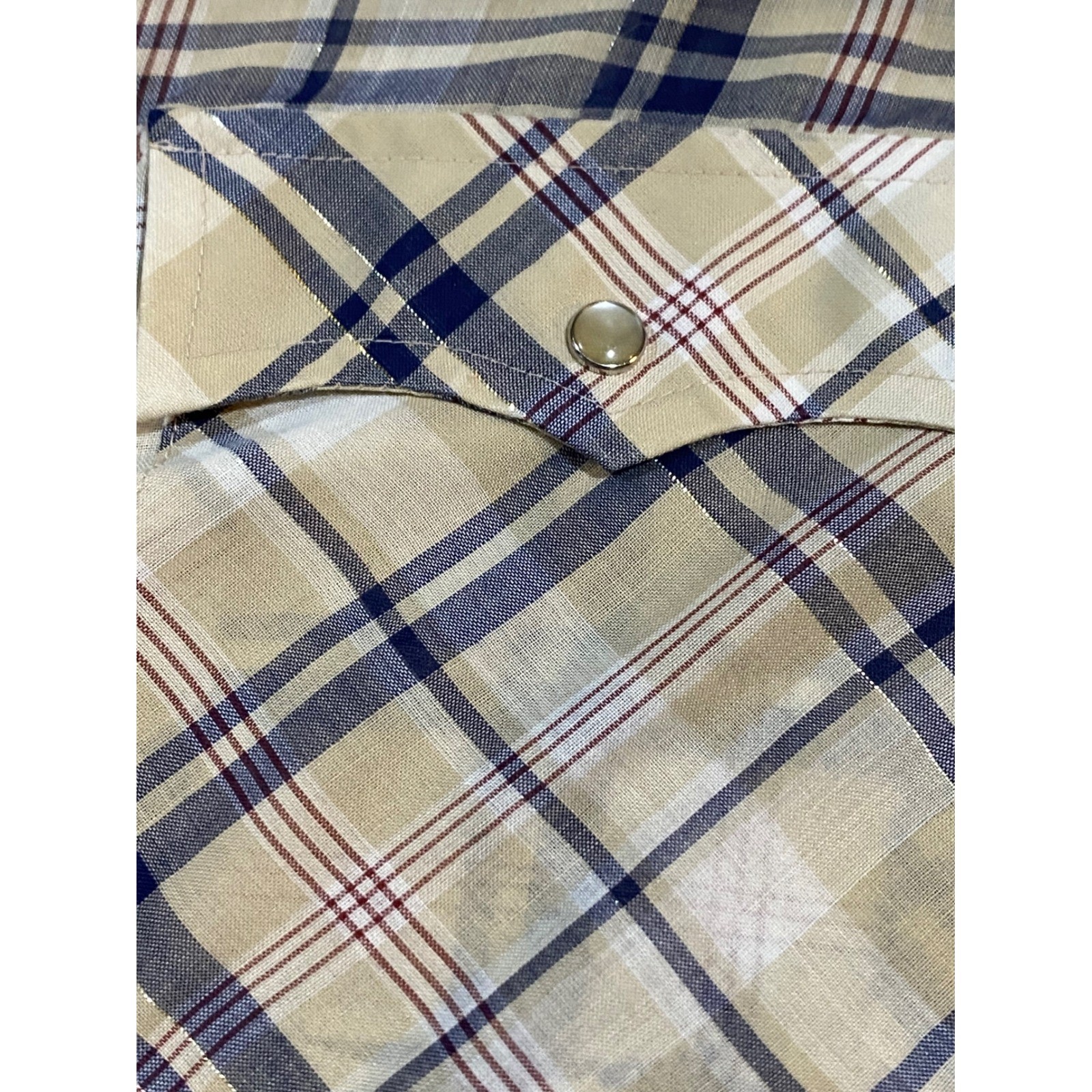 Vintage Levis Western Shirt Pearl Snap Plaid Gold Lurex Tan Navy Large Short Slv