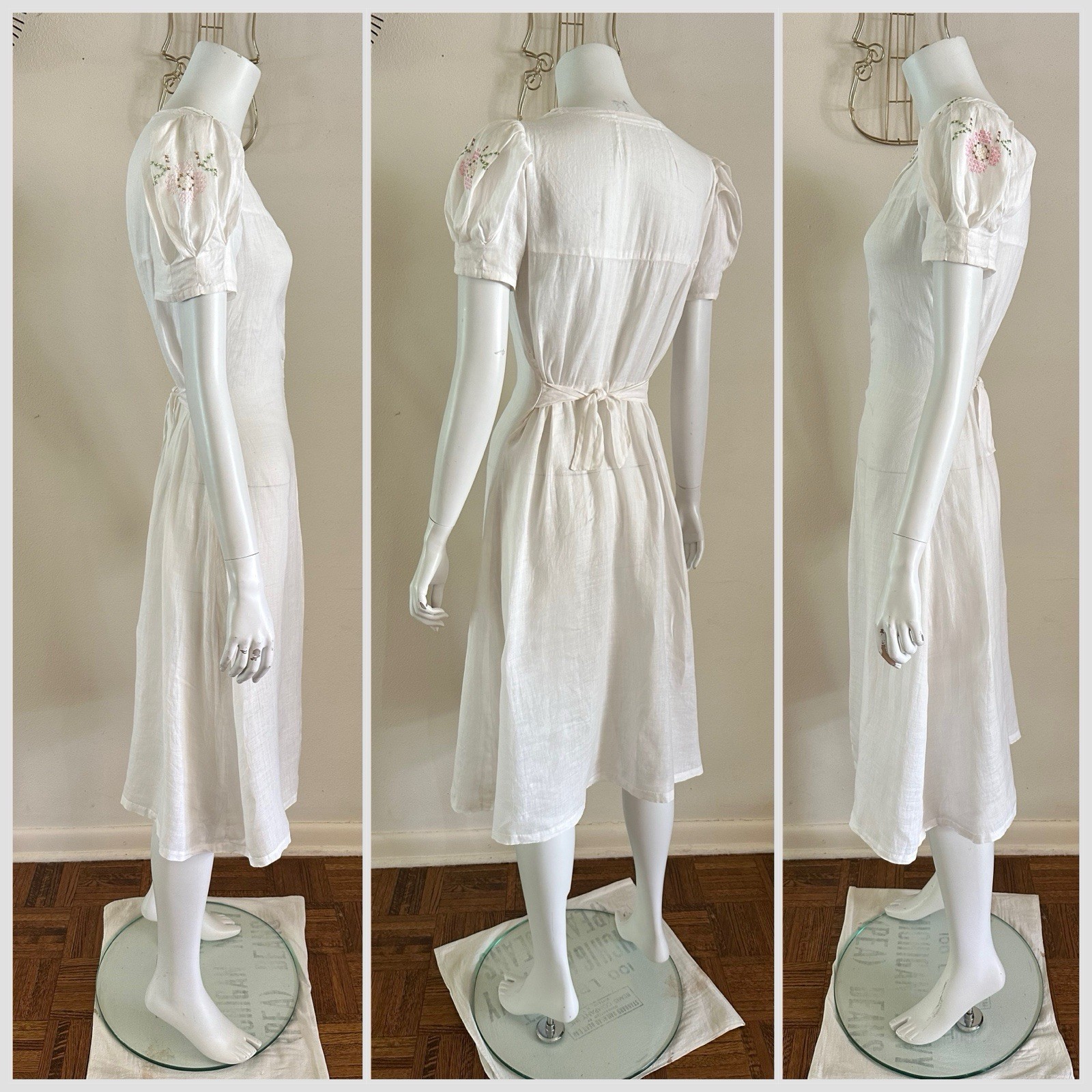 1940s Sheer White Cotton Dress Hand Embroidered Collar Puff Sleeve Side Tie VTG
