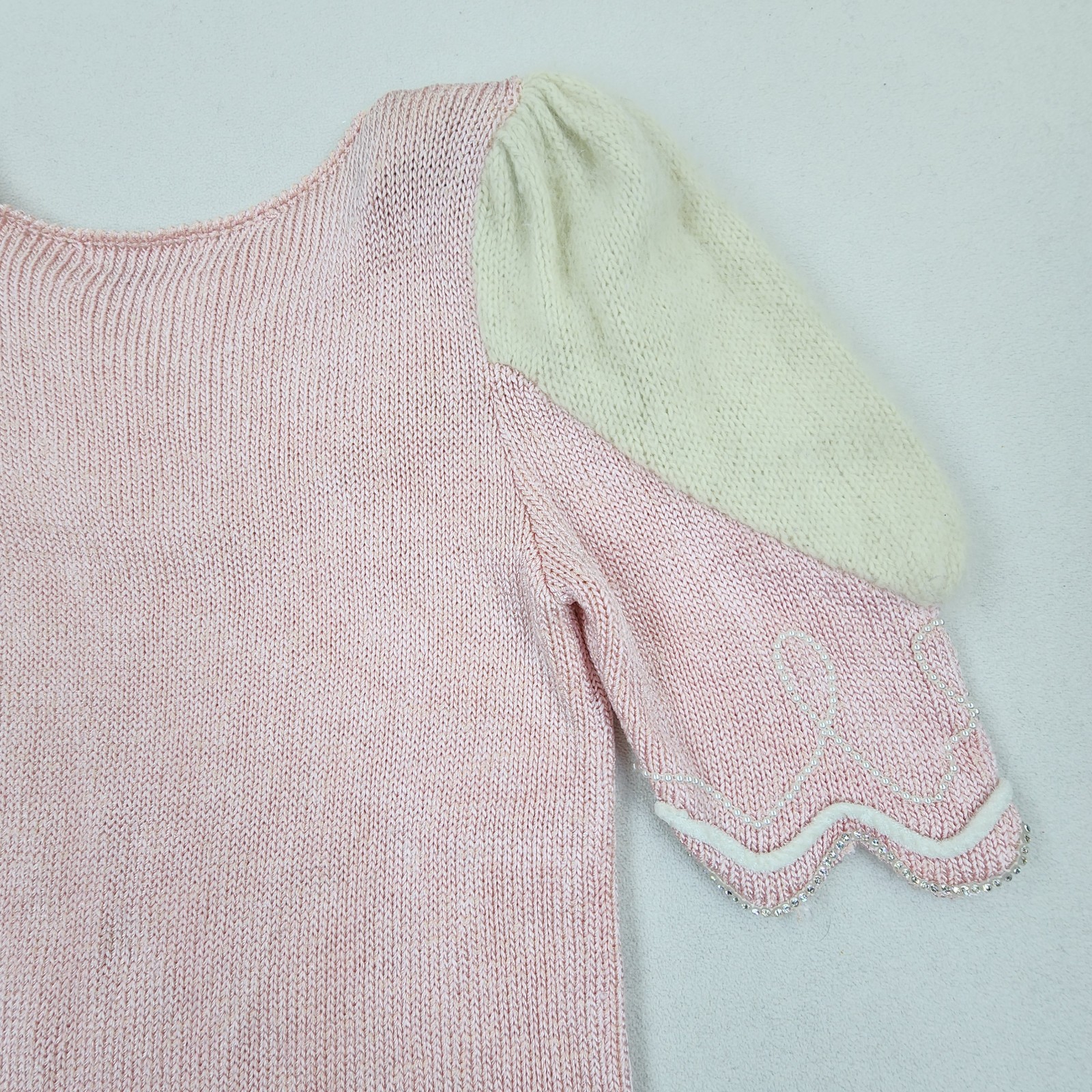 Vtg 80s DACANI Pink Knit Skirt Sweater Set Rhinestones Angora Shoulders Beaded
