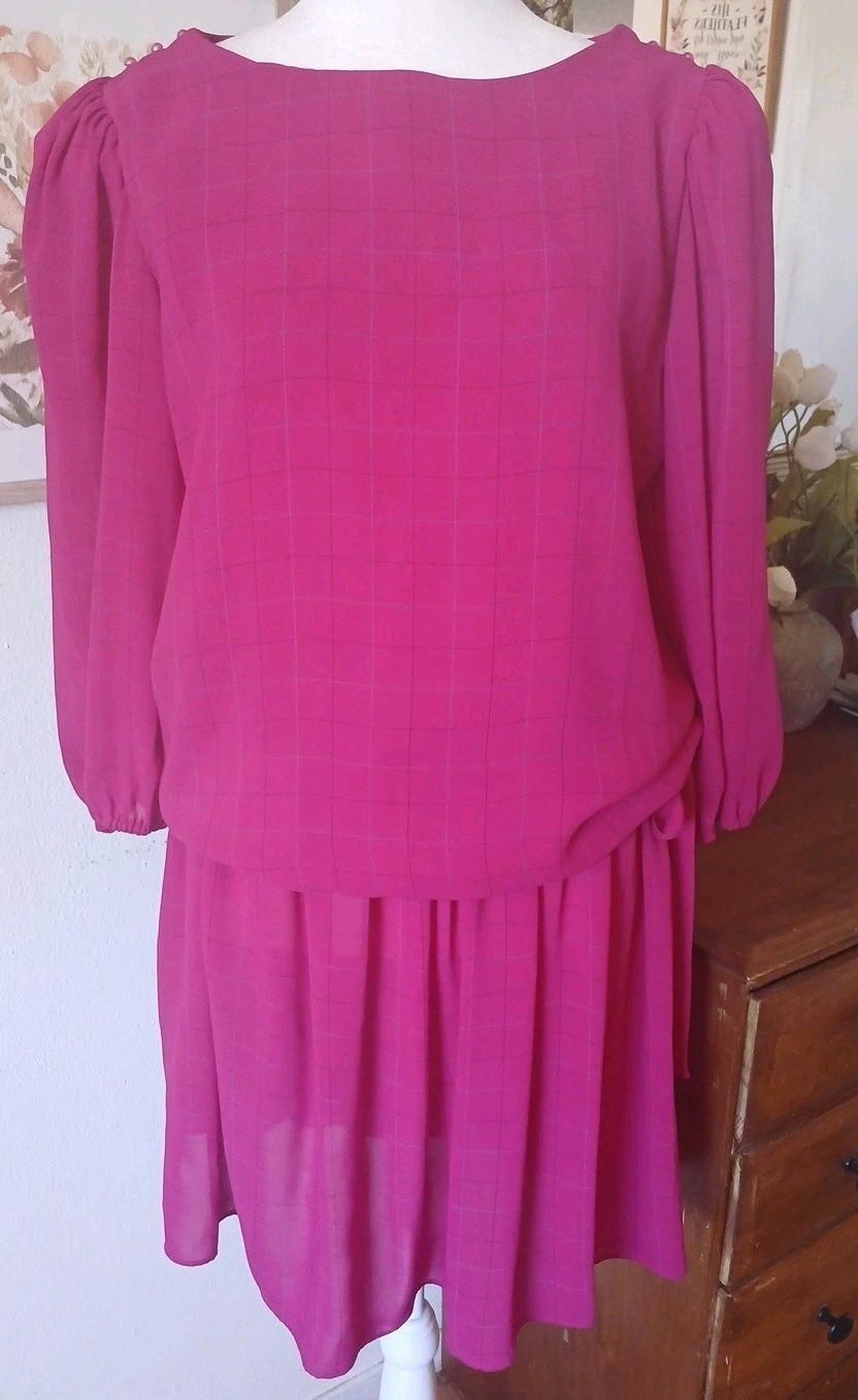 Womens 80s Vintage Small Magenta Pink Plaid Puffed Sleeve New Wave Mini Dress