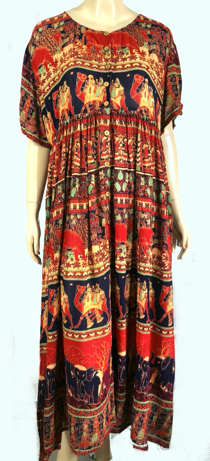 Vtg Broomstick Crinkle Boho Indian Tapestry Oversize Camel Dessert Maxi Dress M
