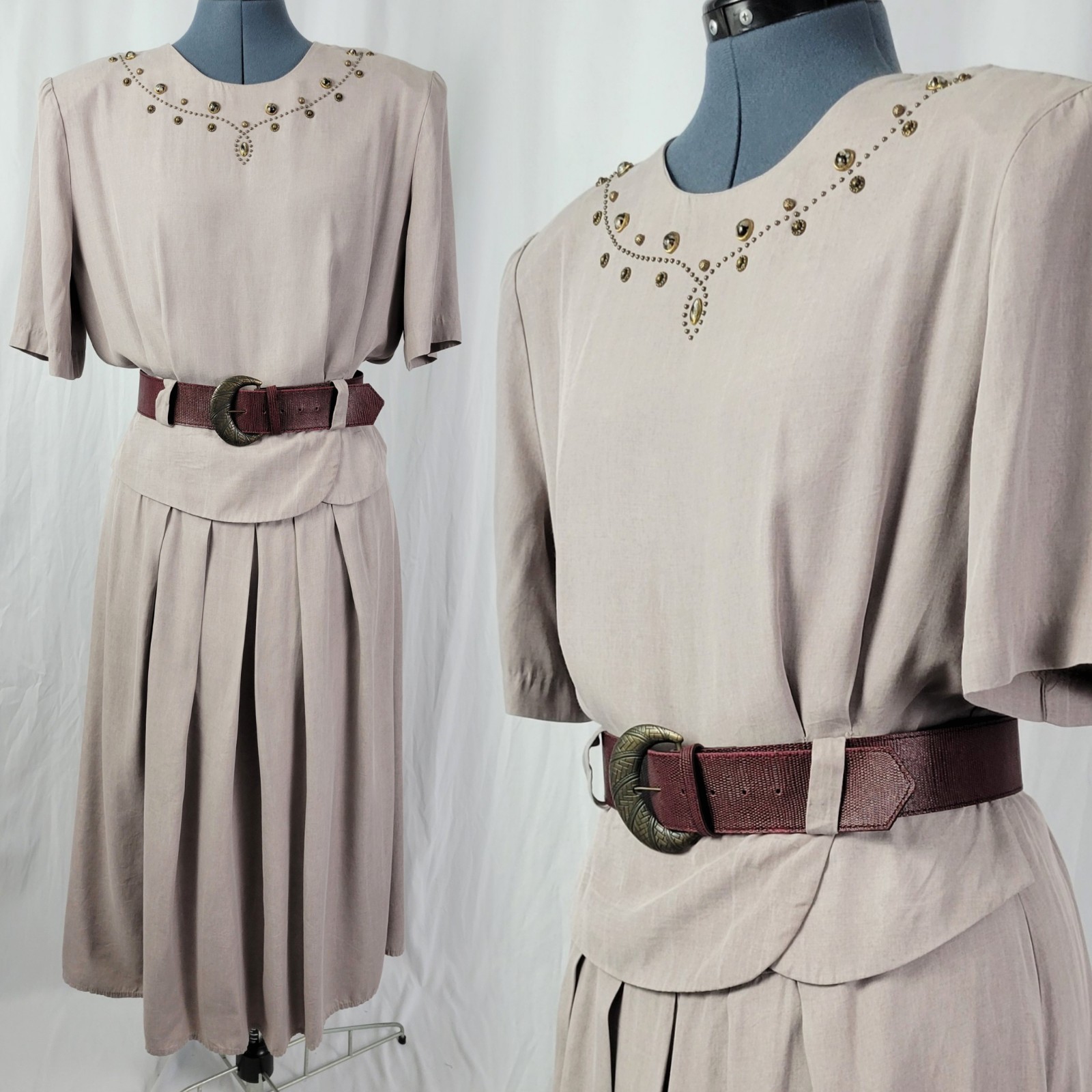 Vintage Impulsive Grey/Tan Blouson Dress w Peplum & Stone Accents Size 14
