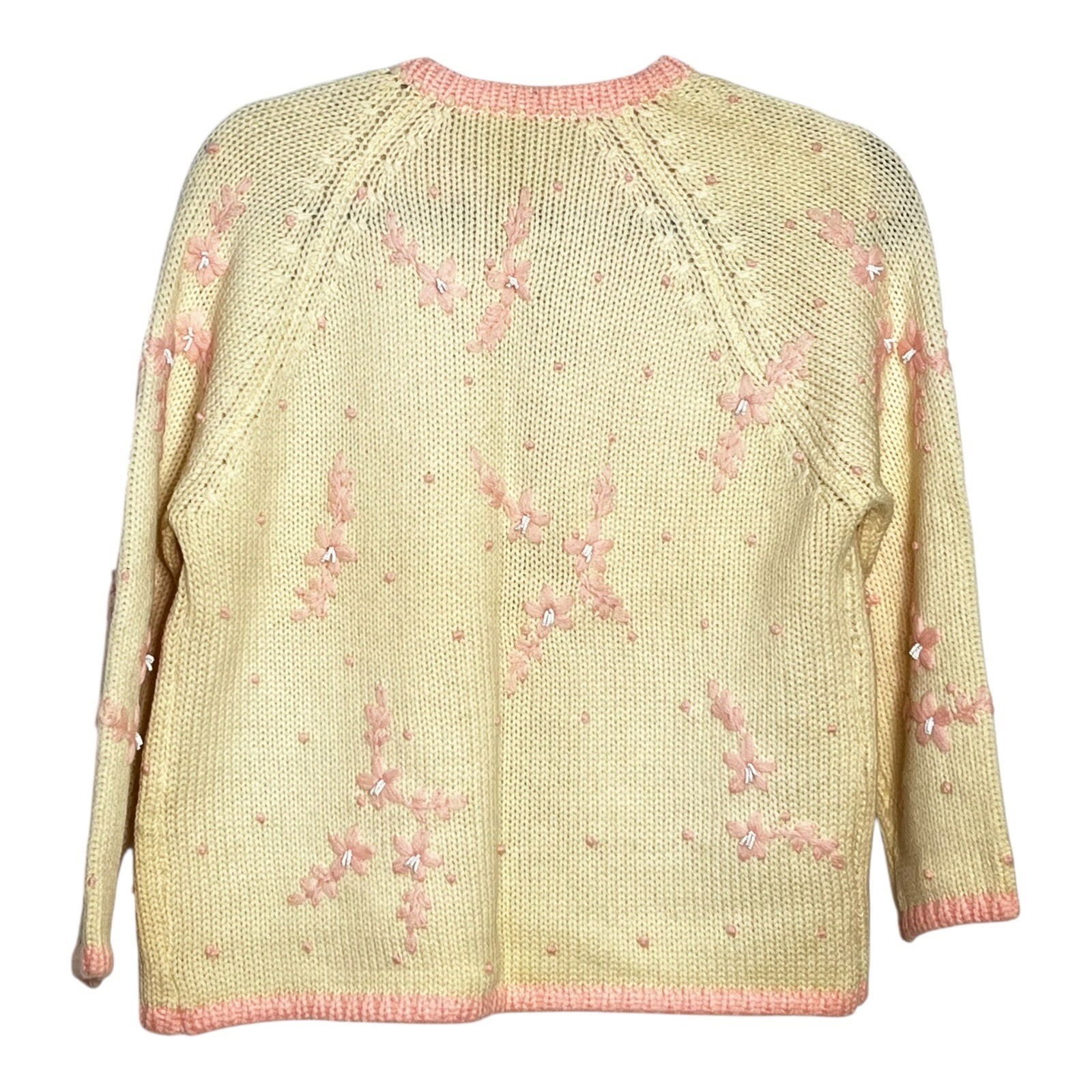 Fully Fashioned Vintage Wool Cardigan Pink Floral Embroidered Lined Sweater M