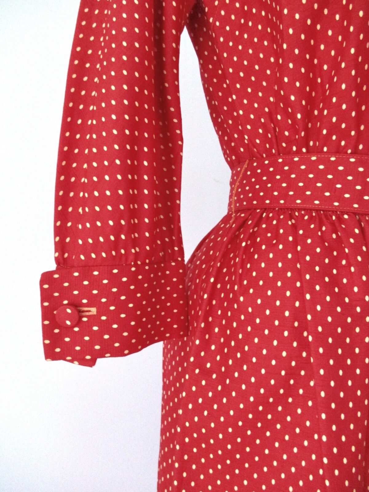 Vtg 50s Rockabilly Red Beige Dots Silk Swing Button Dress Bow Buckle Belt 8