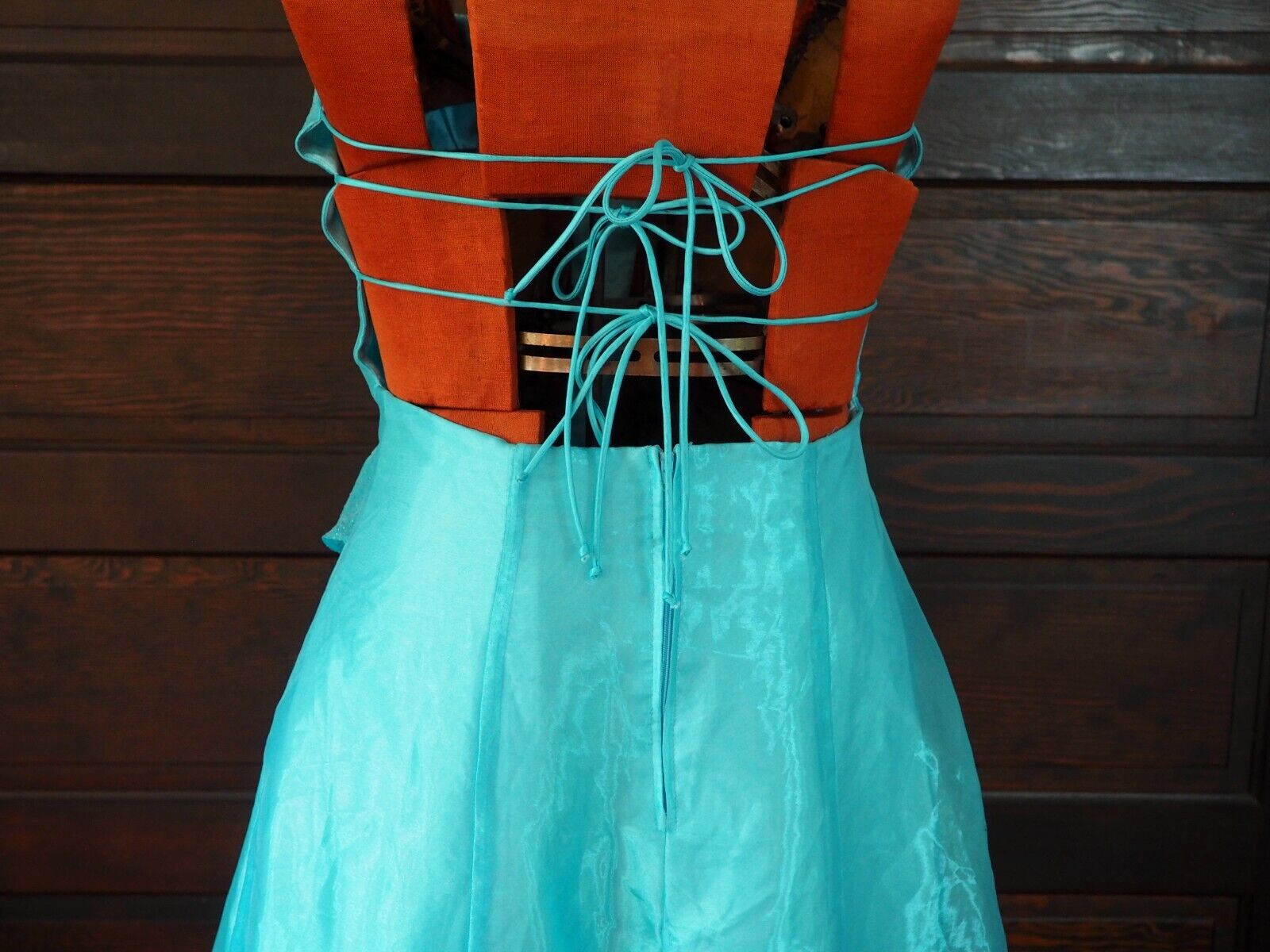 VTG 90s Kiki Turquoise Chiffon Taffeta Sleeveless Glitter Lace Up Gown Dress L