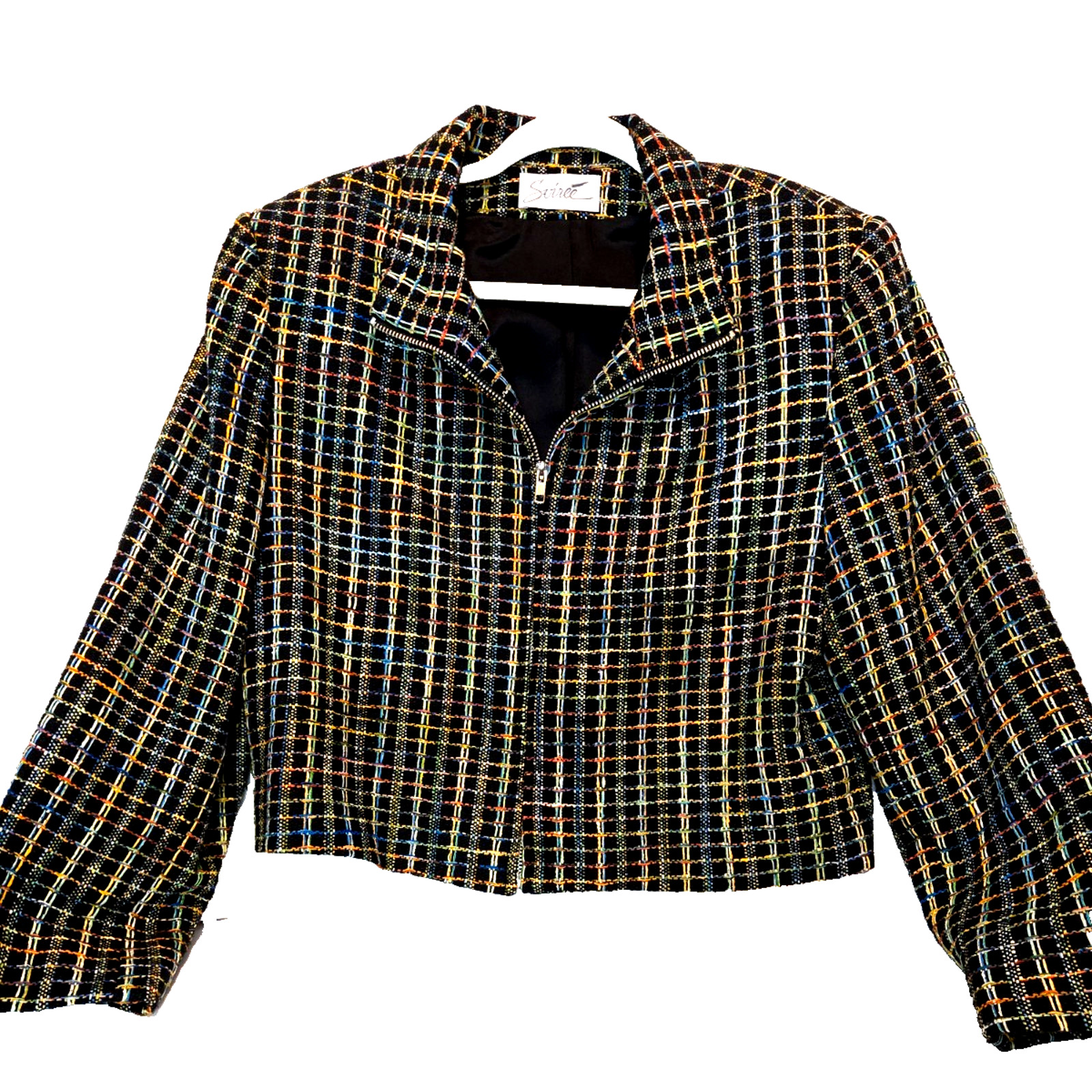 VTG 80s Soiree Handwoven Silk Crop Jacket. Womens L. Vibrant Rainbow Stitching