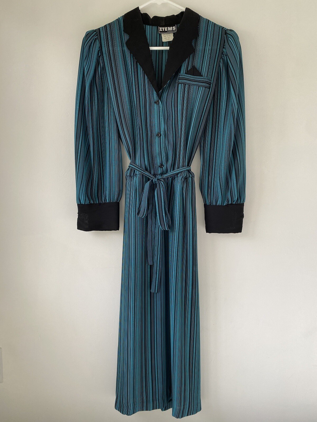 Vintage Items California 12 Turquoise & Black Striped Dress with Belt