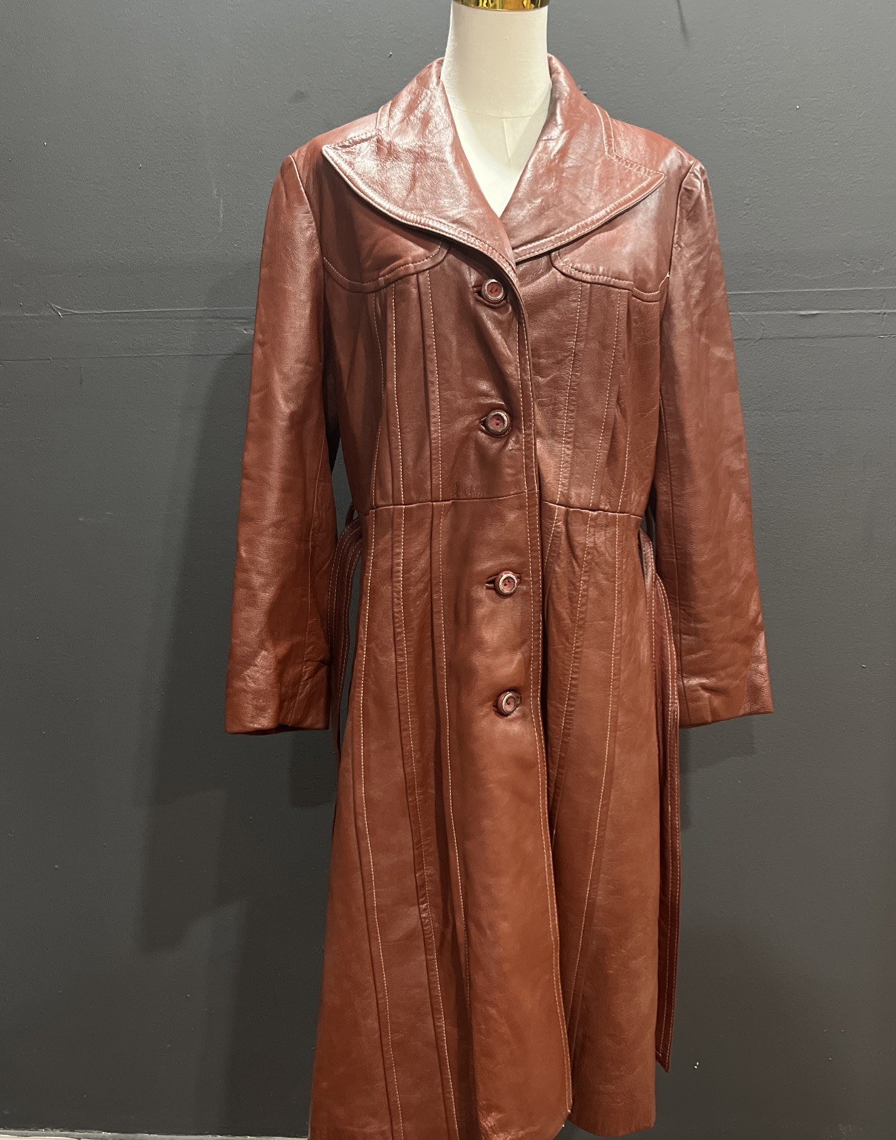 Woman’s Leather Coat Cognac Boho Mod Groovy Disco 70s Style Glam See Measurement