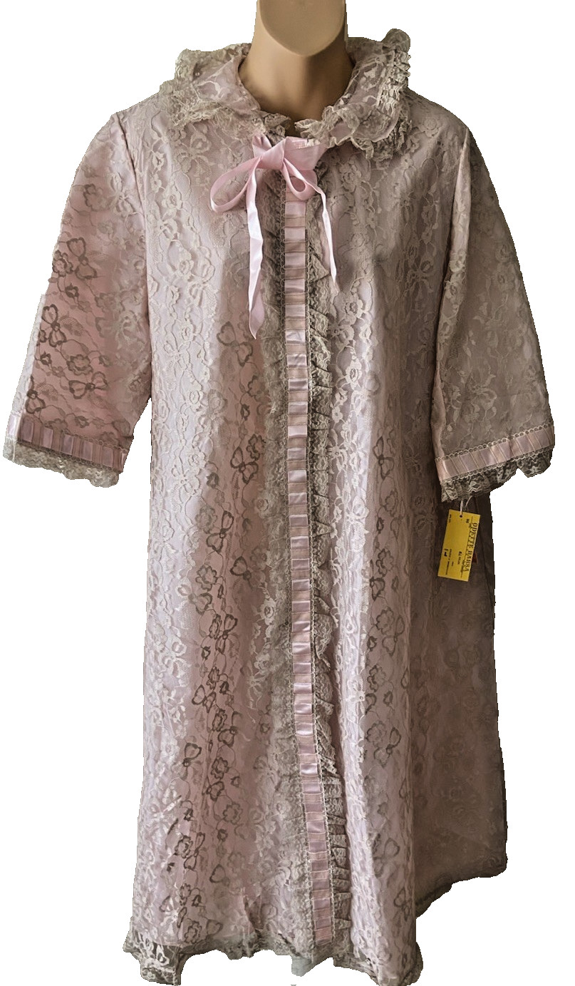 Vintage 50’s Odette Barsa Womens Duster Pink Lace Overlay Robe Size L New