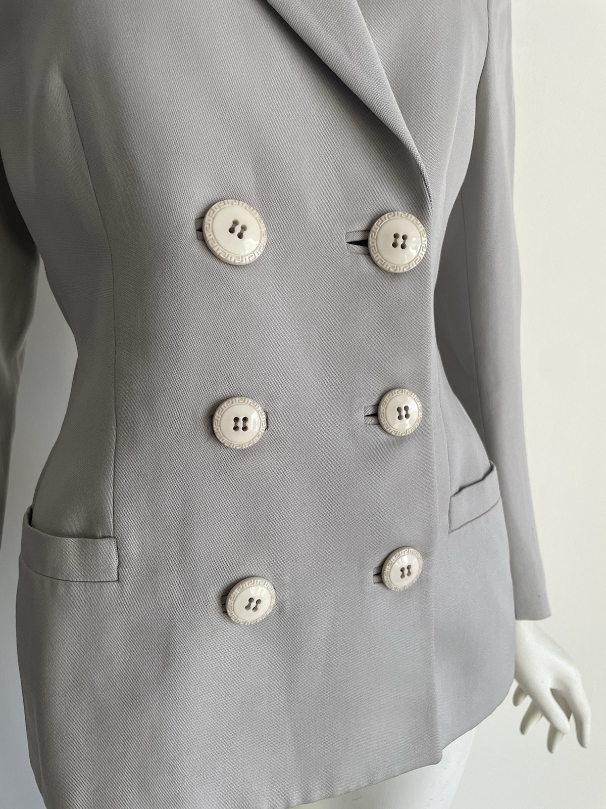 Vintage 1990s Gianni Versace Light Gray Wool Double Breasted Blazer Jacket 40