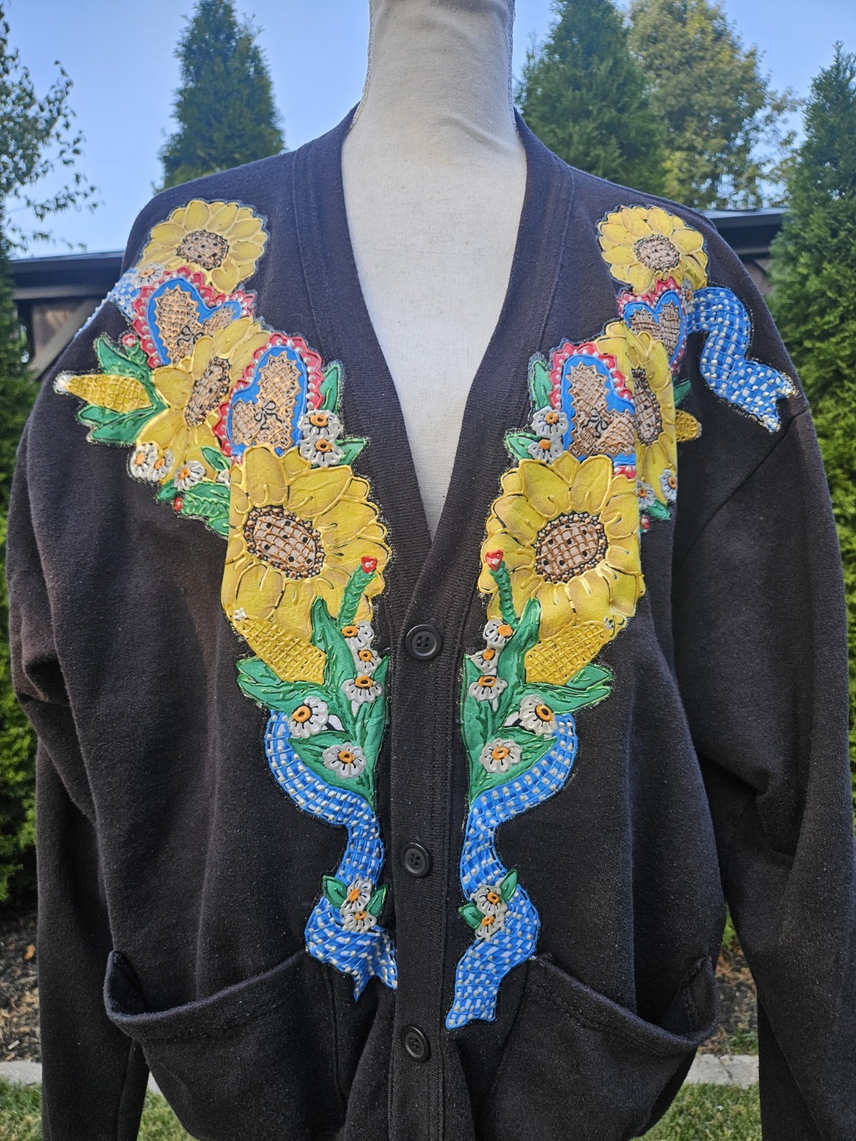 Vtg Quitman USA Sweatshirt Black Painted Applique Sunflower Corn Art One Size