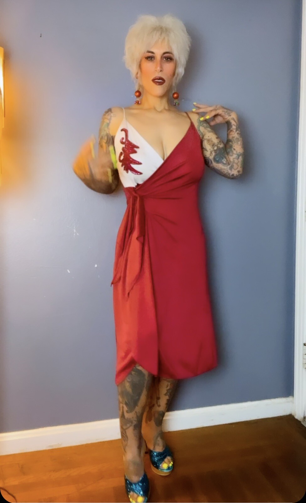 SEQUINED BEADED Burgundy & Silver Taupe 70’s Vintage Wrap Disco Party Dress S M