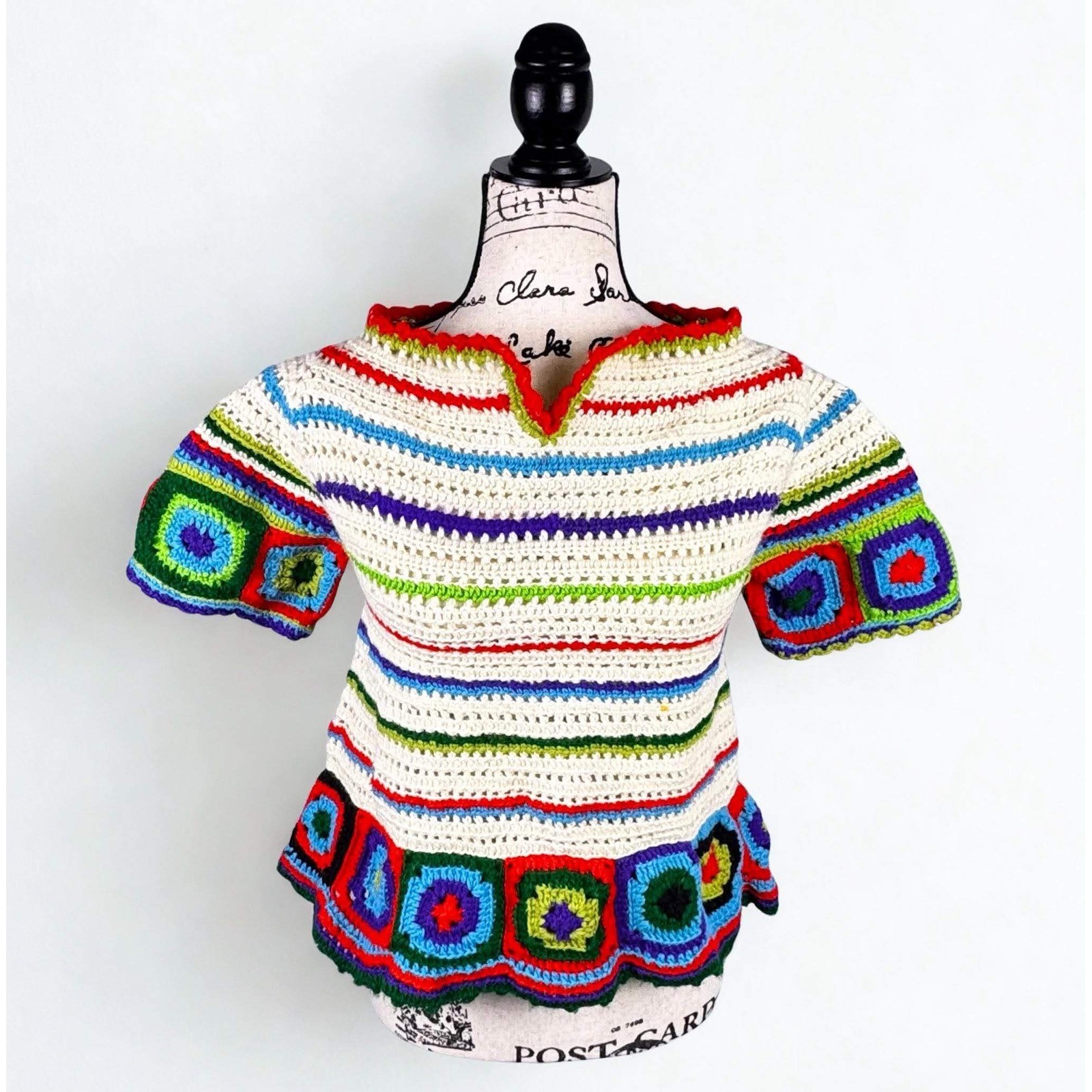 Vtg 70’s Crochet Granny Square Top Wool Rainbow Retro One Size See Measurements