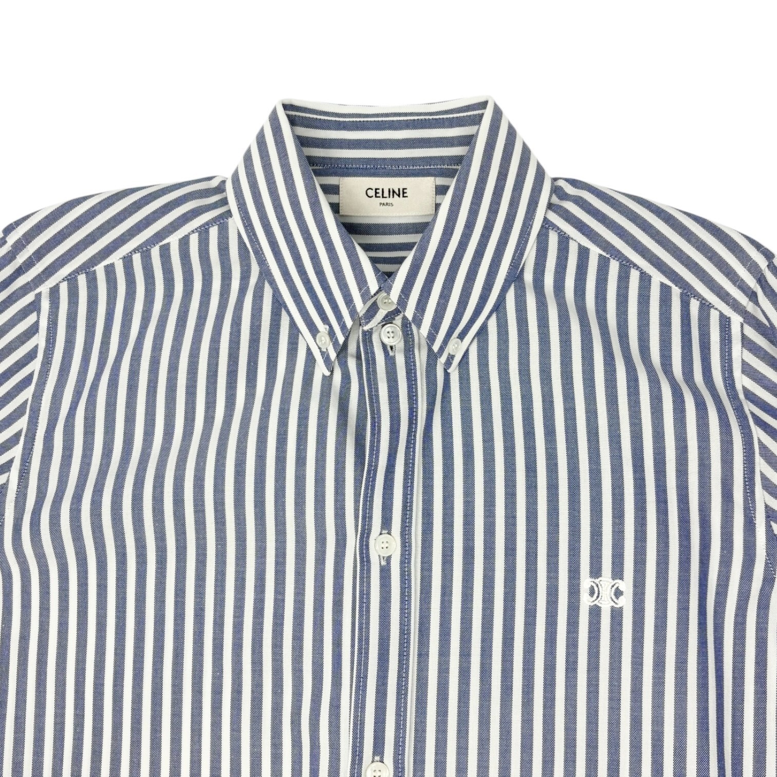 CELINE Triomphe Logo Stripe Button Up Shirt Long Sleeve #36 Blue White Cotton
