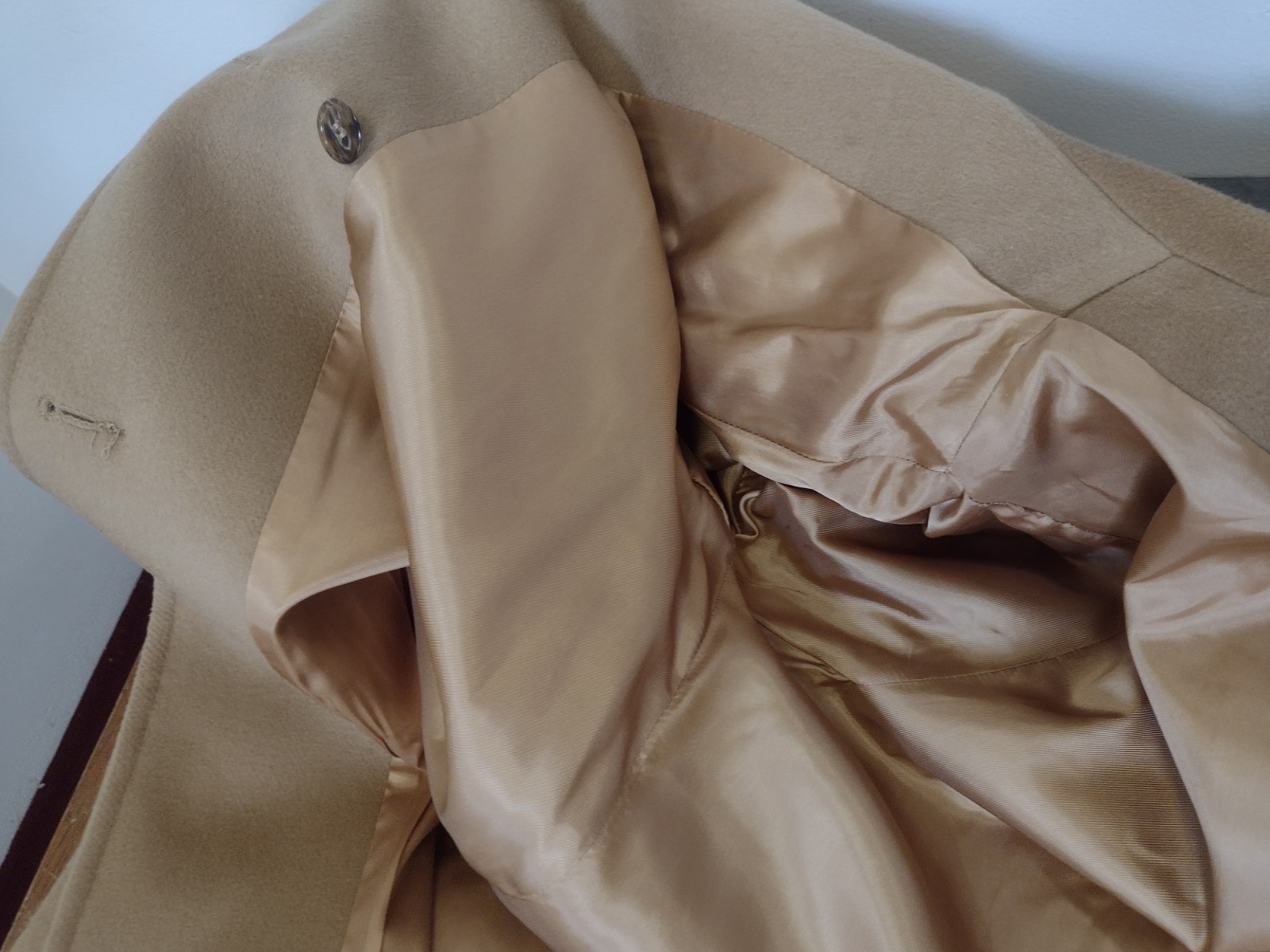 Vintage Stevens Forstmann Wool Long Coat Camel Belted USA ILGWU Quiet Luxury L