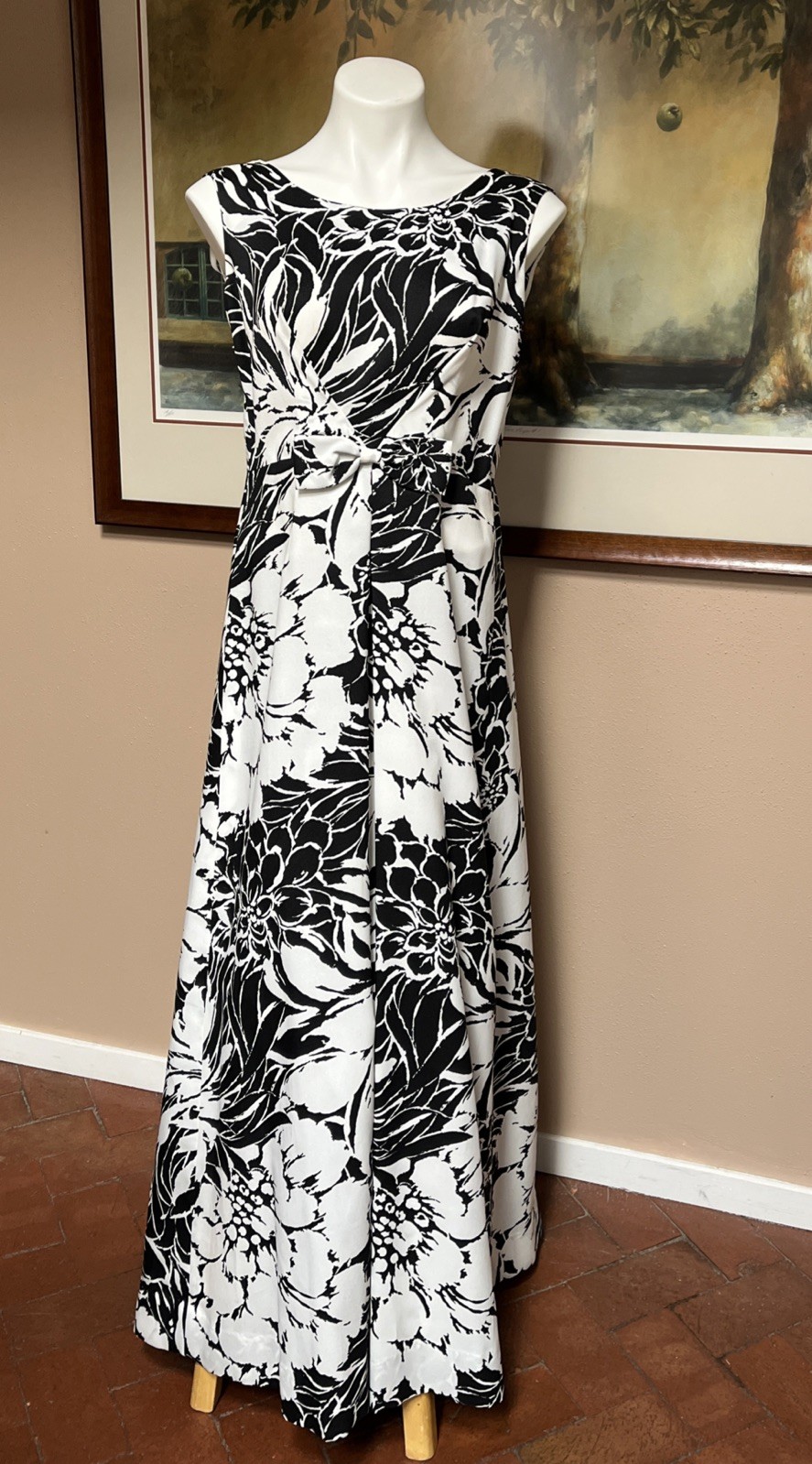 VTG 70s Ja Na of Hawaii Dress Maxi Sleeveless Bows Zip Floral Black White Sz M