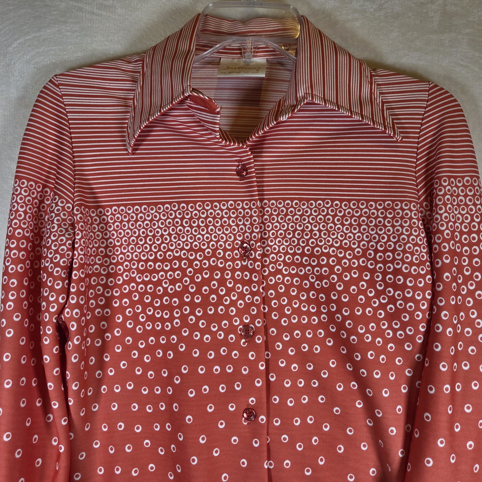 VTG 70s Jantzen Geometric Dots & Stripes Shirt Womens 8 Orange Polyester Disco