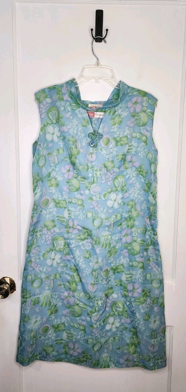 Vintage Grill Modisch Trevira Blue Floral Side Zip Dress Size 44 / Large