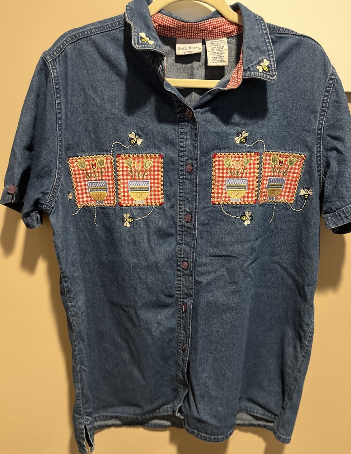 Vintage Bobbie Brooks Short-Sleeve Denim Shirt Flowers & Bees Pattern Size 14/16