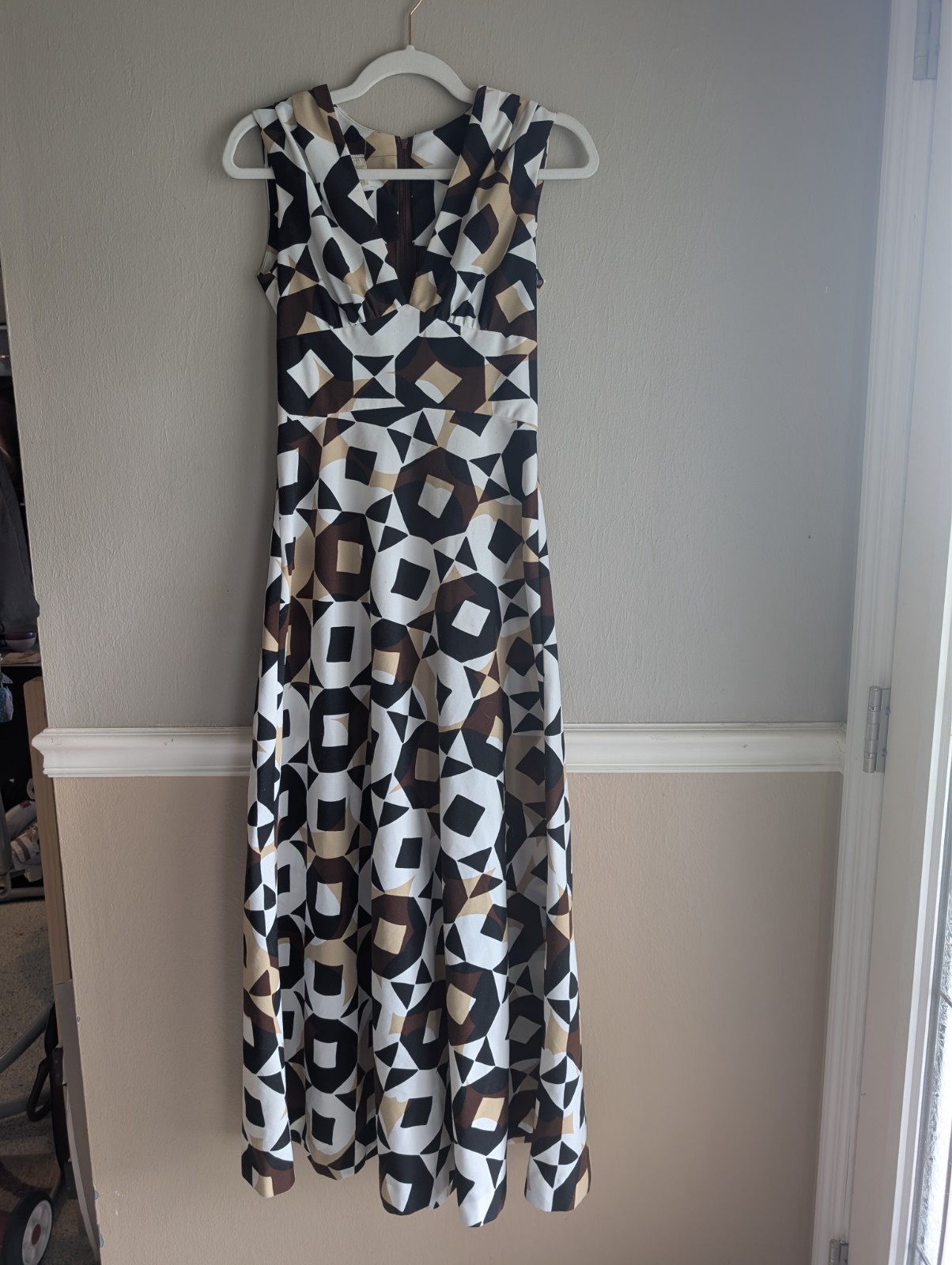 VTG 70s Maxi Brown Black & White Geometric Pattern Dress/Sz 5