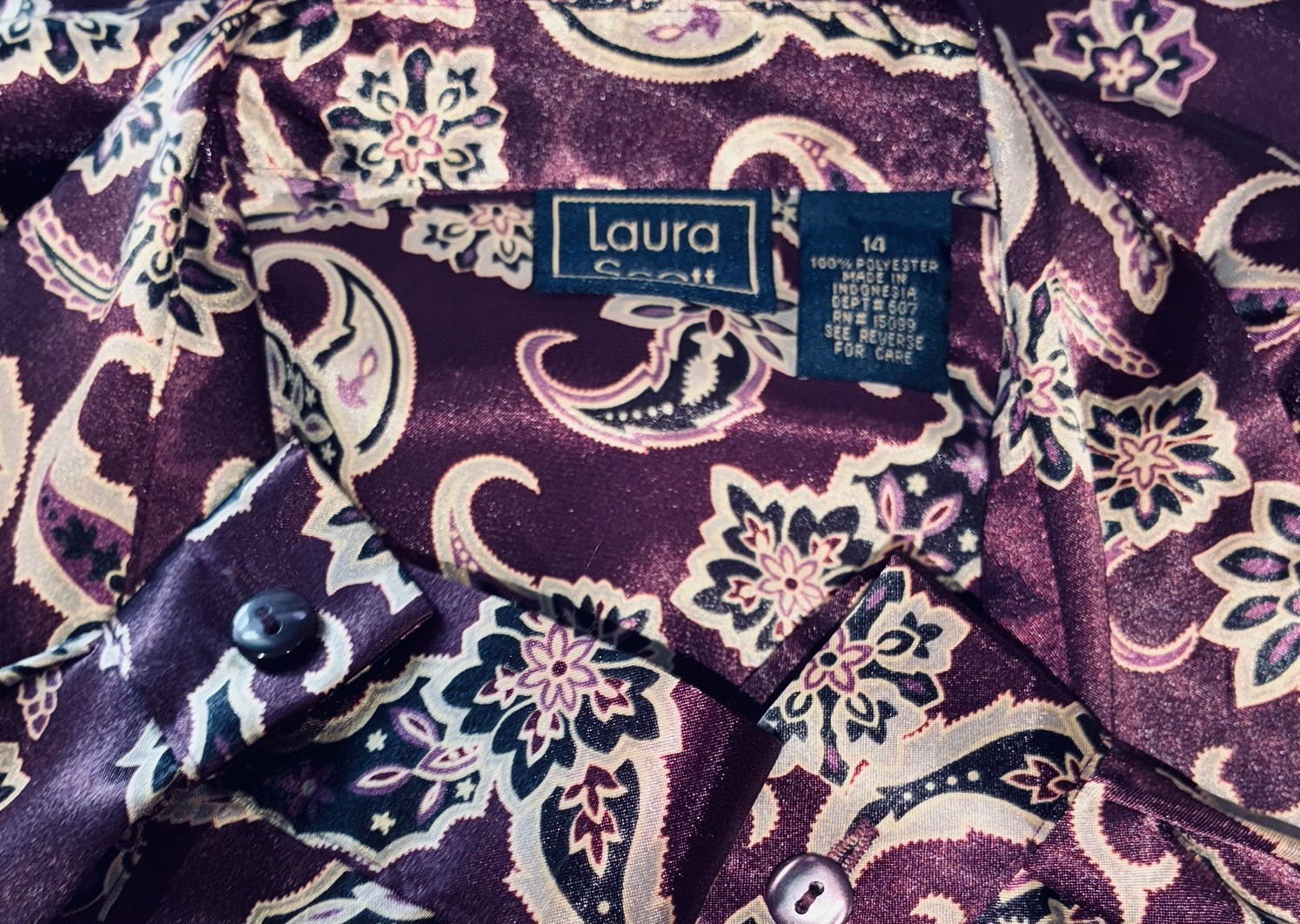 Vtg Purple Plum Paisley Long Sleeve Satin Blouse Top 14