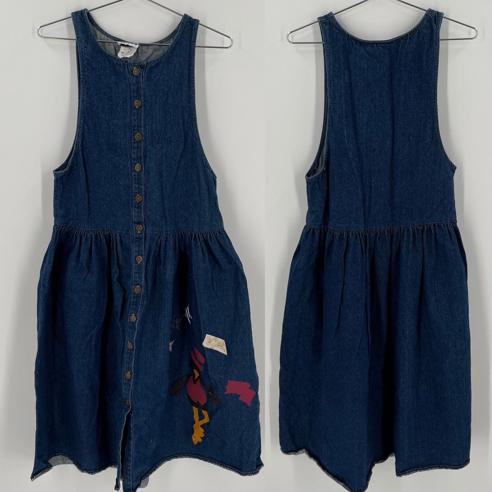 Vtg You Too Babes Jumper Dress Blue Denim Jean Cottagecore Sz 7 Patches Teacher