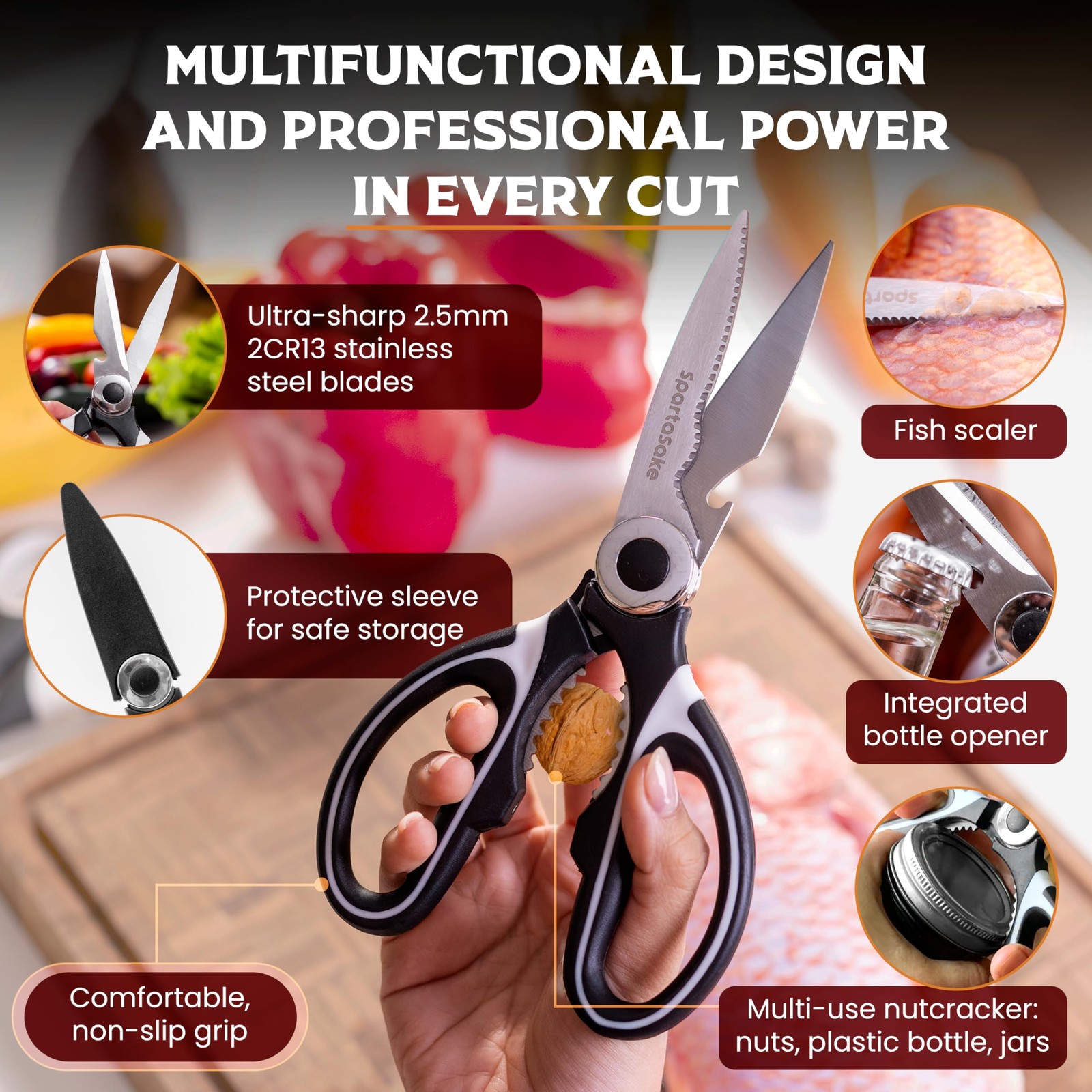 SpartaSake 2-Pack Premium Stainless Steel All Purpose Kitchen Shears with Sleeve