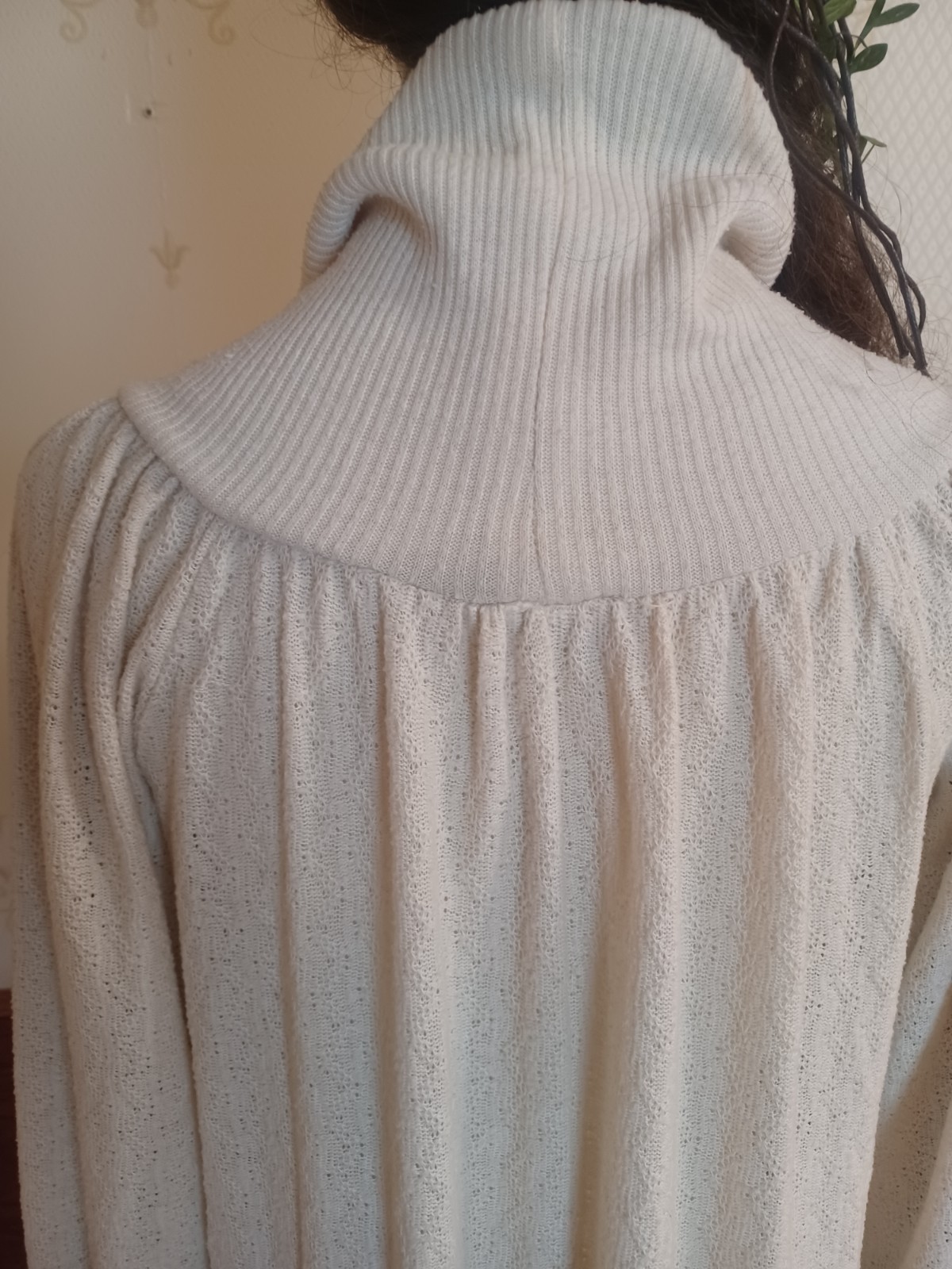 Vintage 1970s R. Michael Allen Ivory Boho Prairie Cowl Neck Knit Hostess Dress