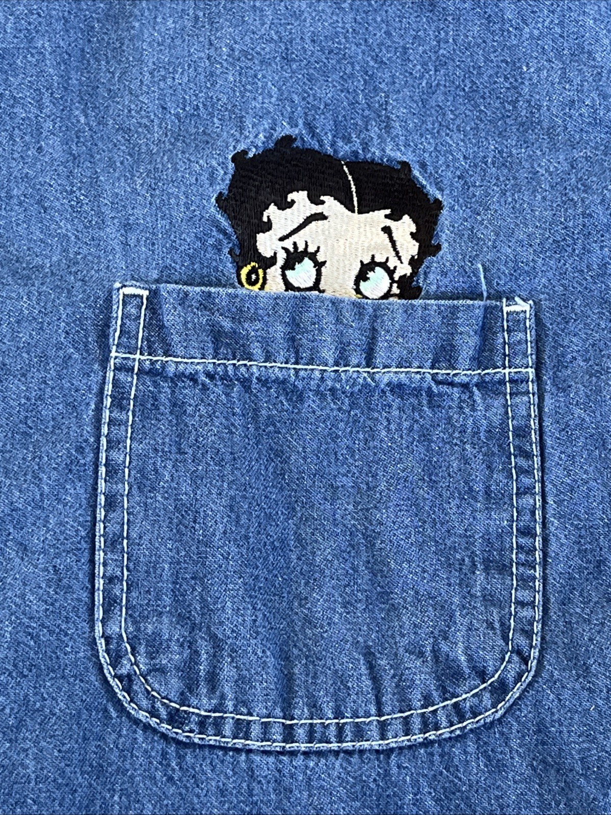 Vintage Betty Boop Embroidered Denim Button-Up Long Sleeve Shirt L Womens 1990’s