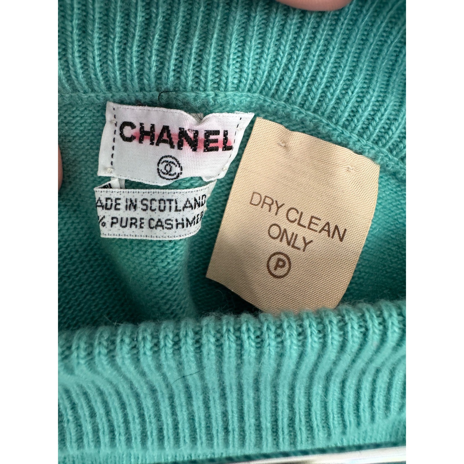 Chanel Vintage Cashmere Skirt Suit Teal Green Gold CC Buttons Scotland Sz 8 10