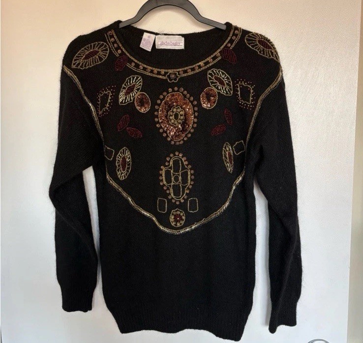 Gladys Bagley Vintage Beaded Sequin Sweater Black S 1980s