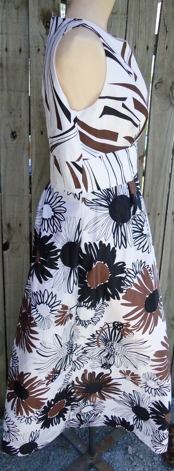 NOS Vtg 70s MidCentury Sleeveless White Brown Black Floral Maxi Dress sz 14