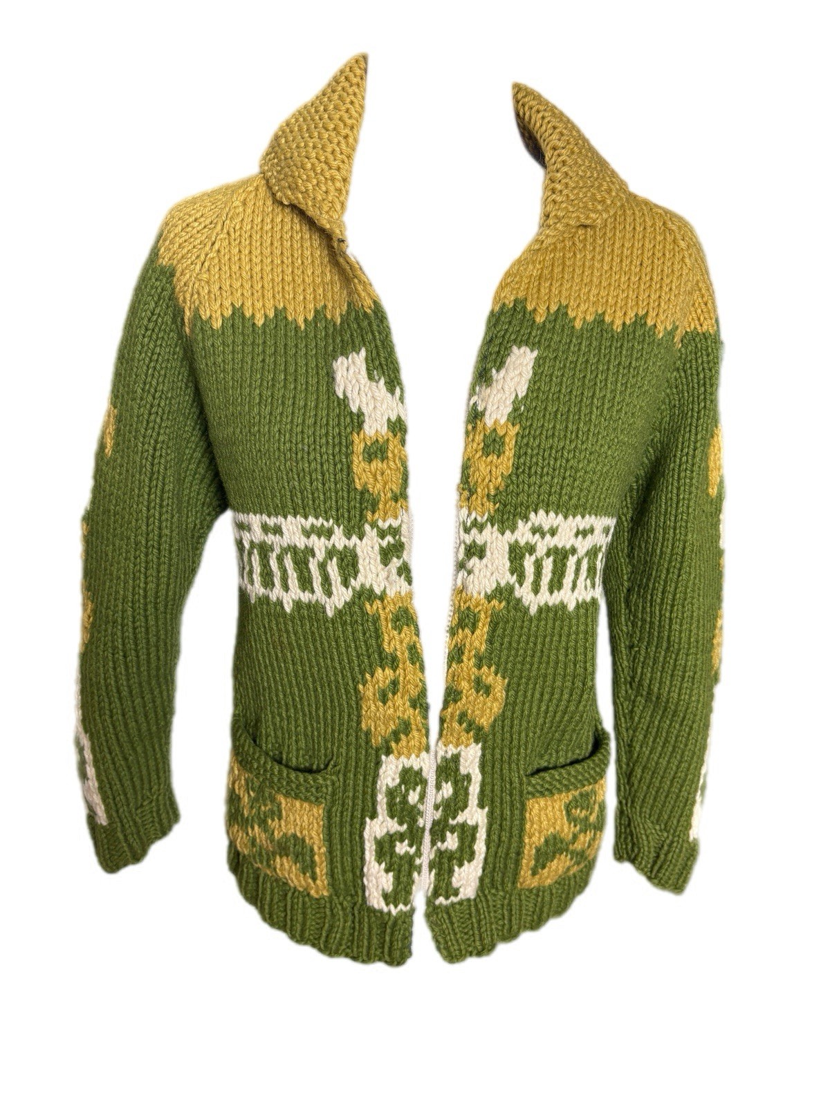 Vintage 50’s Cowichan Sweater Womens S Green Totem Alaska Warm Heavy Cardigan