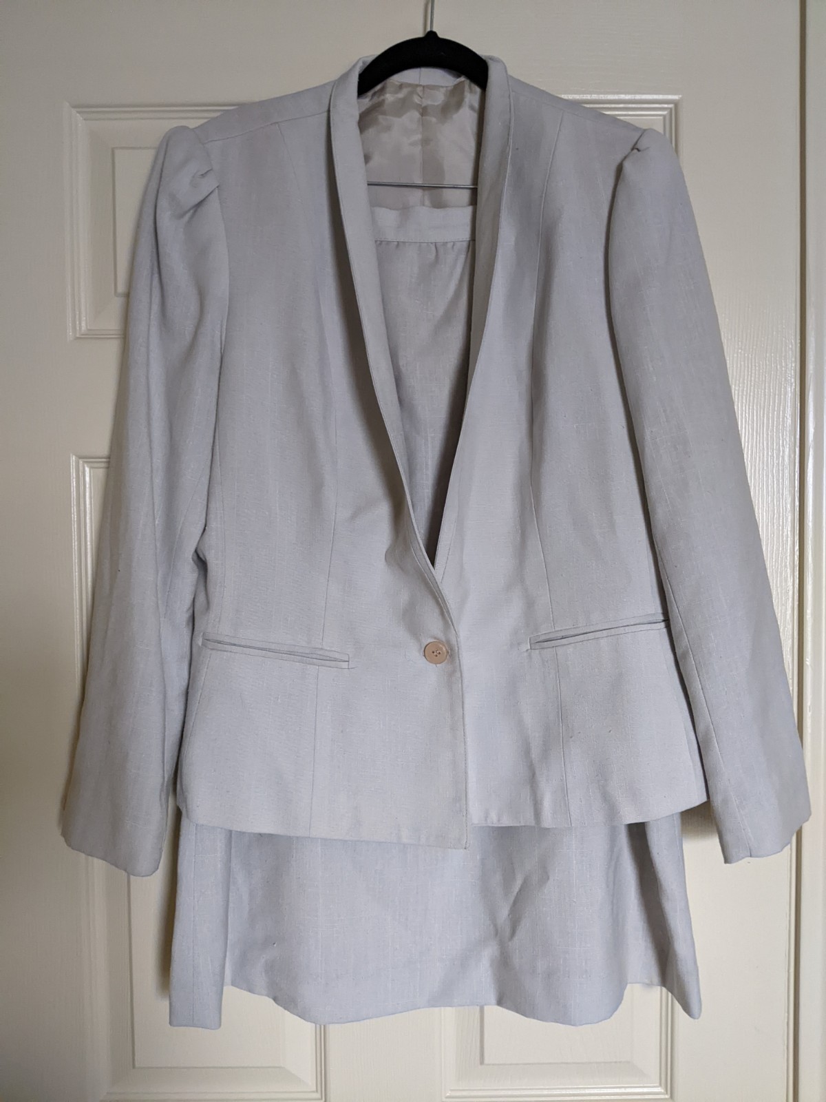 Vintage 80s Glorious Gals Gray Linen Look Blazer Skirt Suit 14 Career Office