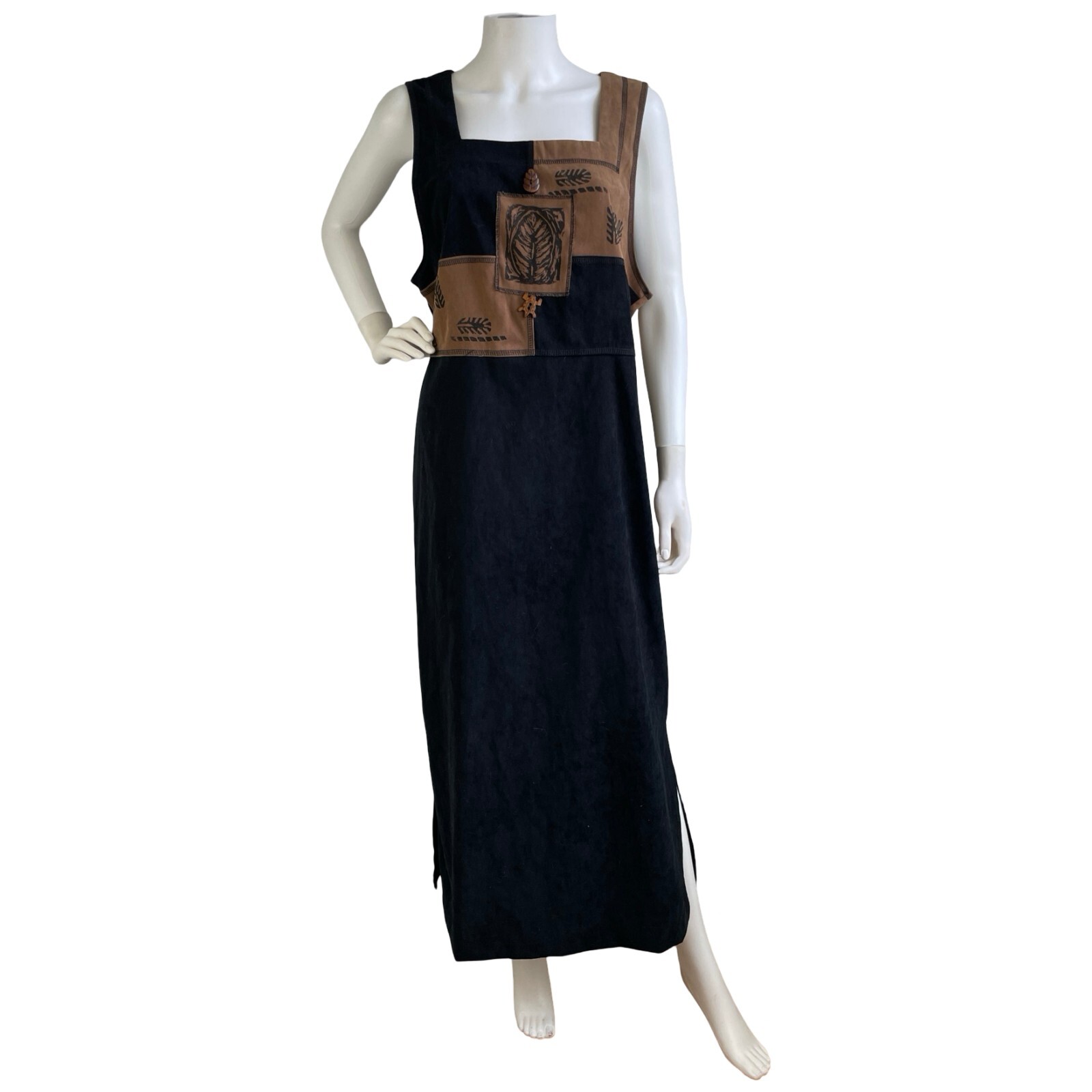 Vintage Nina Piccalino Dress 80s brown black leaf print maxi faux suede Size XL