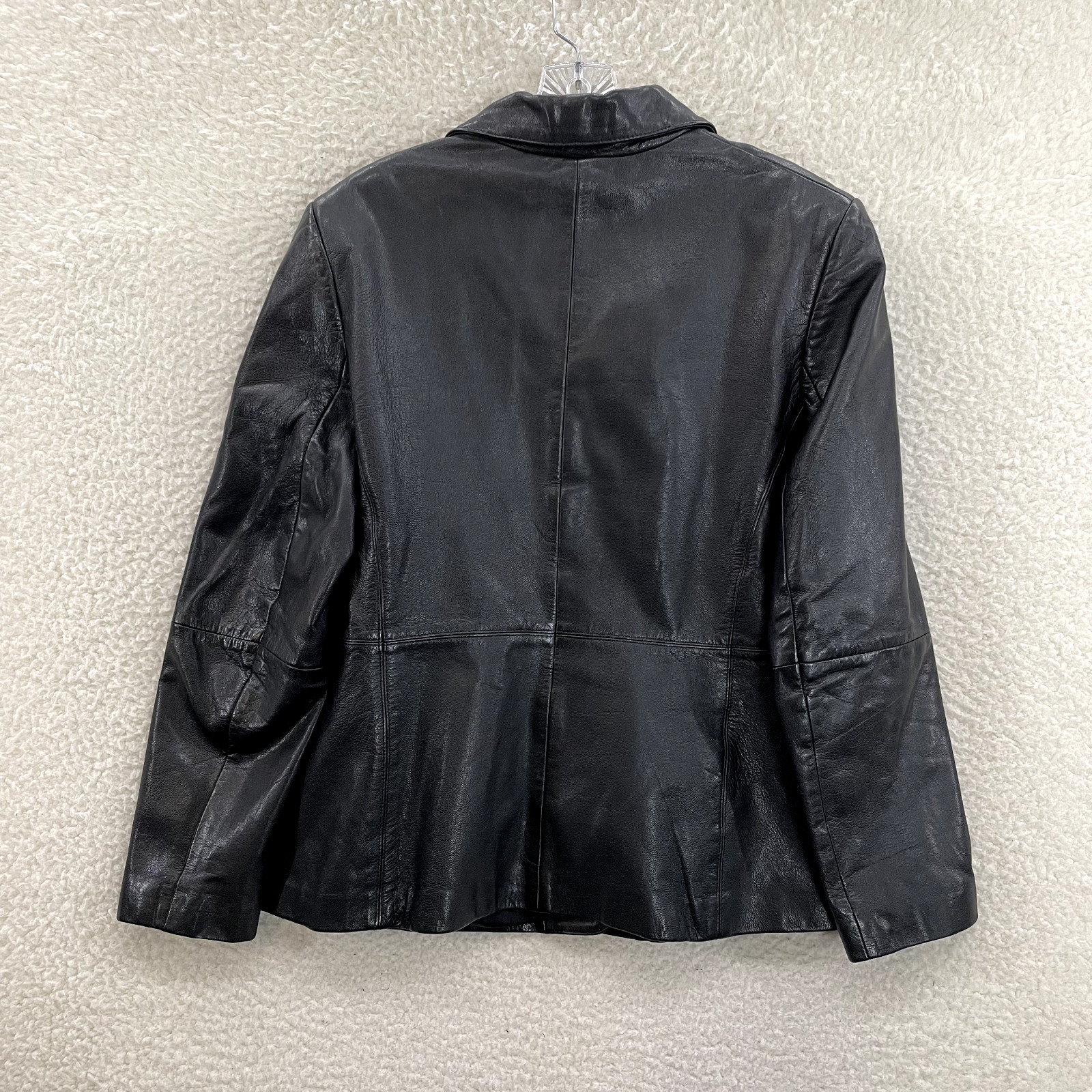 90s Y2K Vintage Black Leather Jacket Large XL 14 Womens Patent Lined Button Up