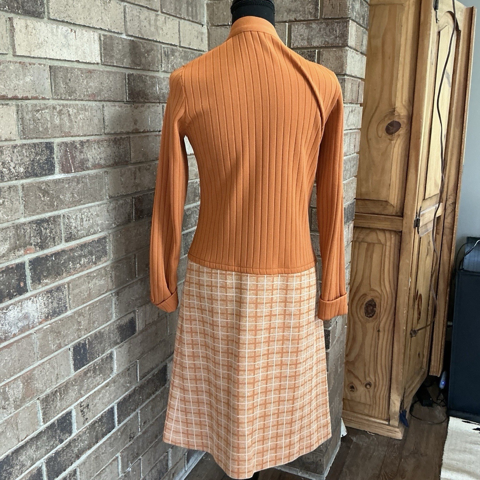 60s 70s VTG Neiman Marcus Orange Knit Plaid Drop Waist Dress Size 10 ILGWU #38D7