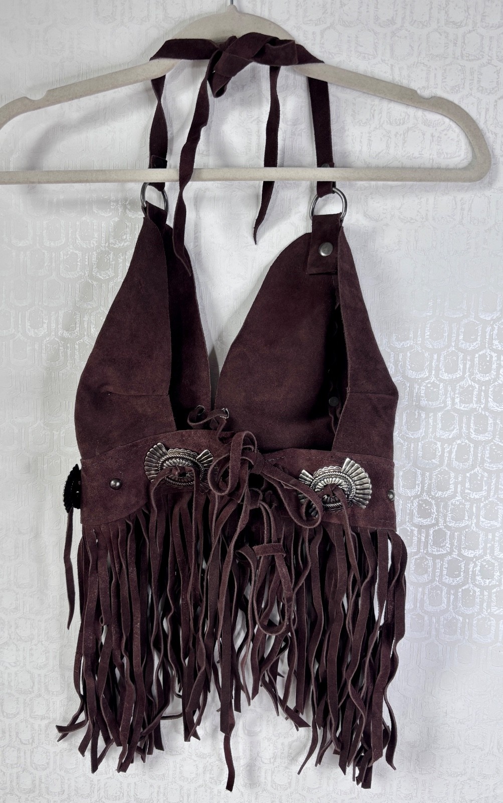 VTG Y2K DK BROWN SUEDE SILVER RIVET FRINGE HALTER CROPPED TANK TOP*S/M