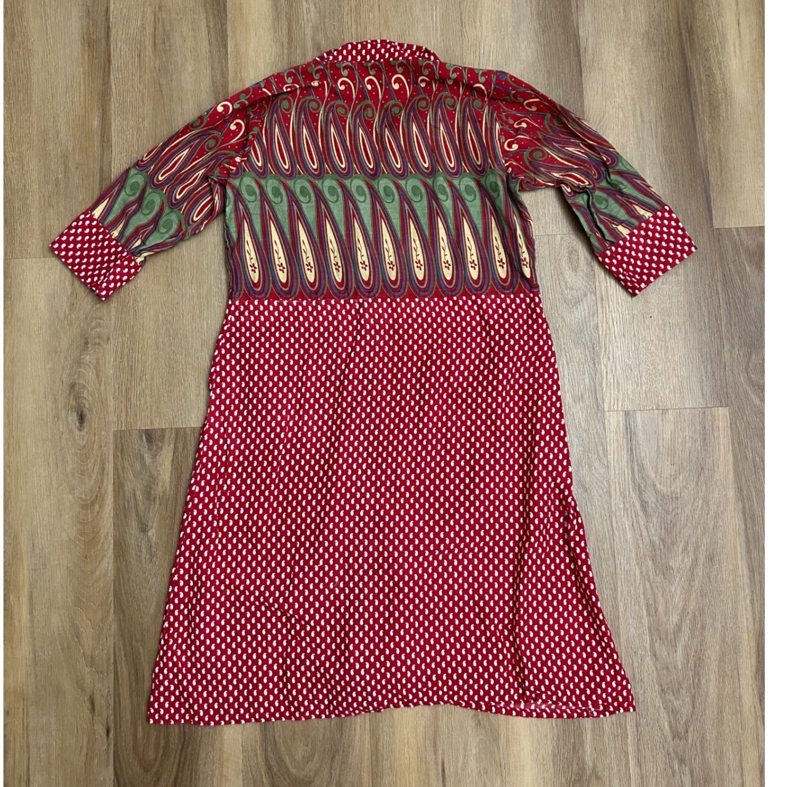 Vtg handmade Paisley Polka Dot Mixed Print Button Midi Dress western ethnic
