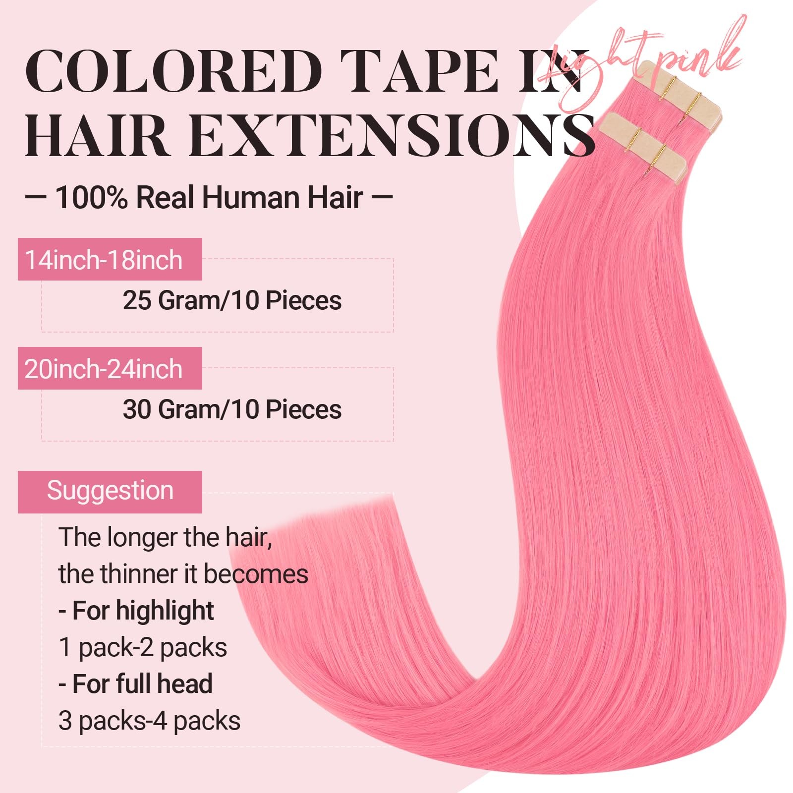 MAXITA 16″ Light Pink Remy Human Hair Tape-in Extensions 10pcs Silky Straight