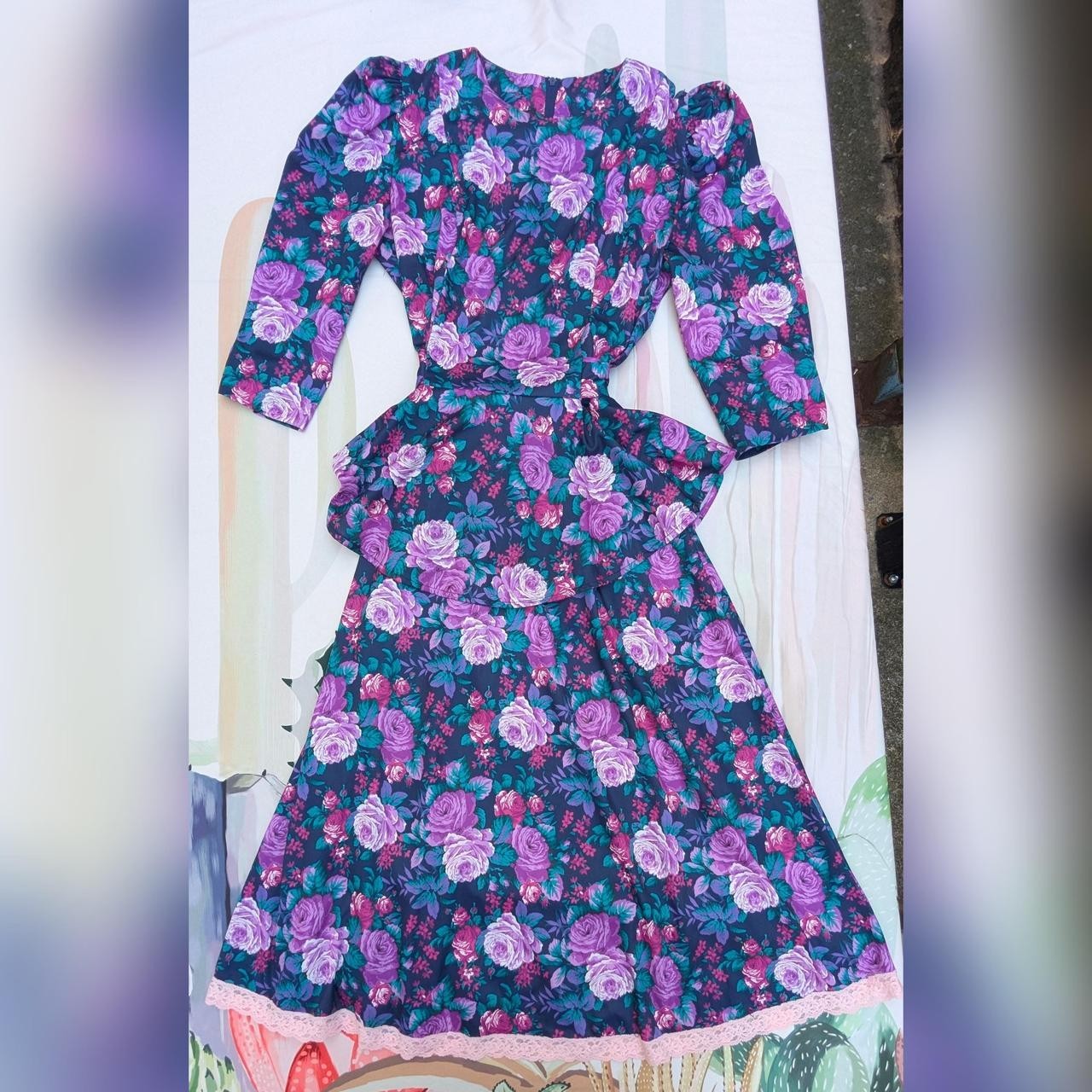 Vintage 80’s Tabby of California Purple & Green Floral Rose Peplum Dress