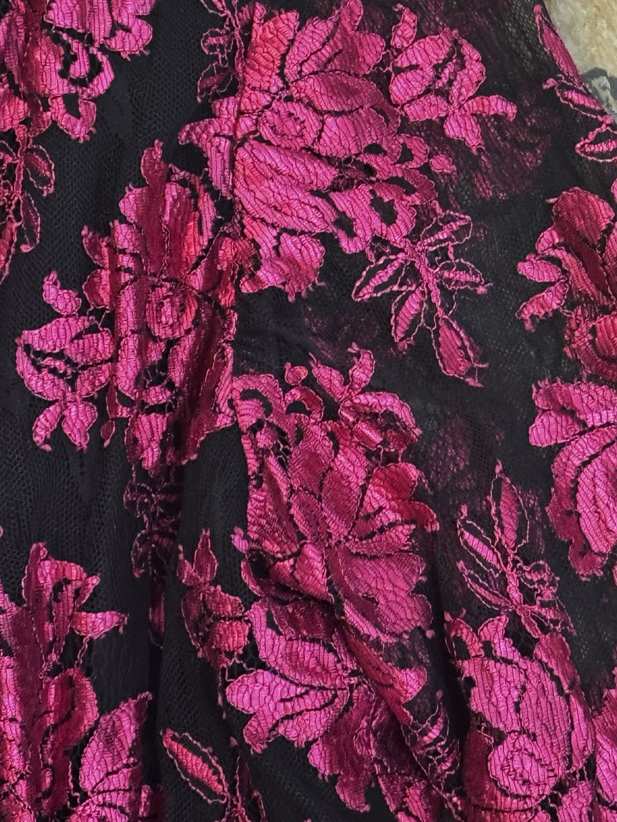 VTG Jill Richards French Lace Gown Dress Pink Midi Black 80s Ruched Size 6 8