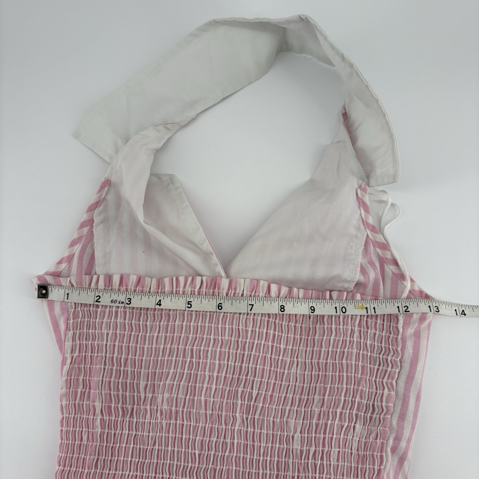 VTG 80s TABBY Pink White Candy Stripe Halter Dress White Collar Smocked USA