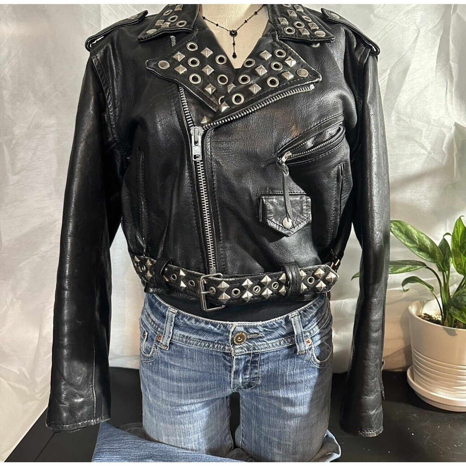 Vtg Nightmare Before Christmas Cropped Studded Leather Jacket Hand Painted Jack
