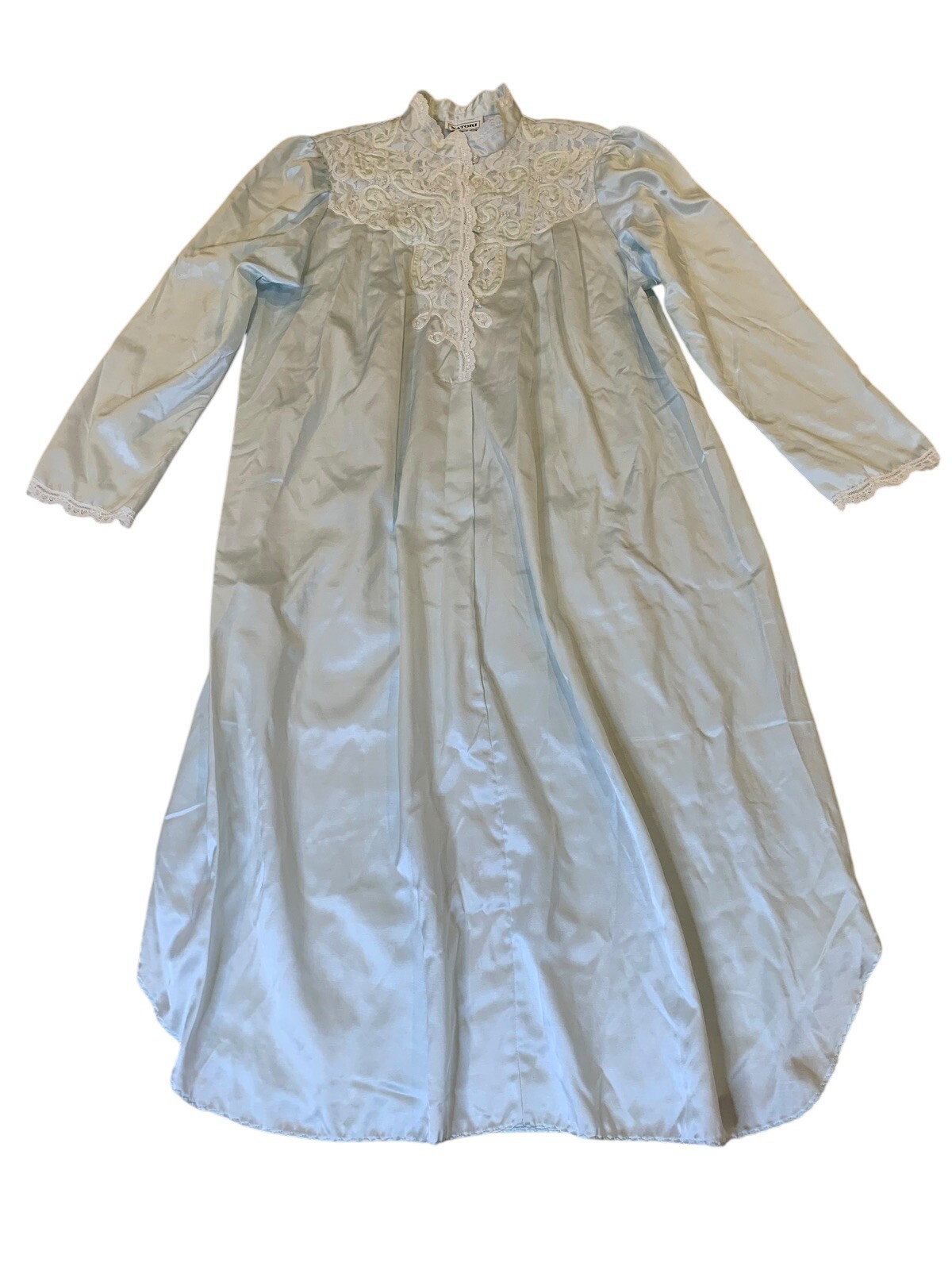 Natori Vintage Satin Nightgown Light Blue Lace Embellishment Faux Pearl Buttons