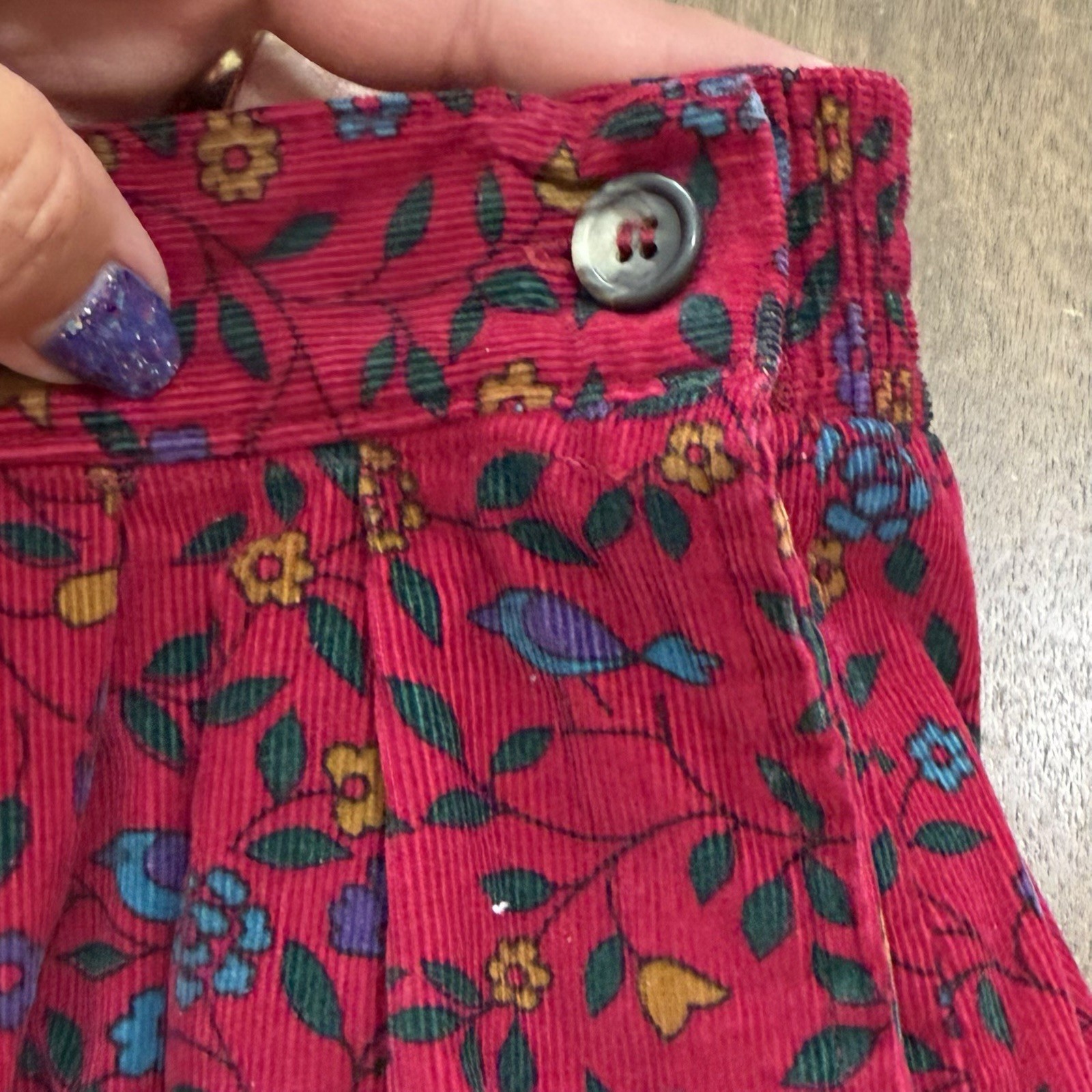 Vtg Bryn Connelly Midi Skirt Sz 16 Dark Red Floral Soft Lightweight Corduroy EUC