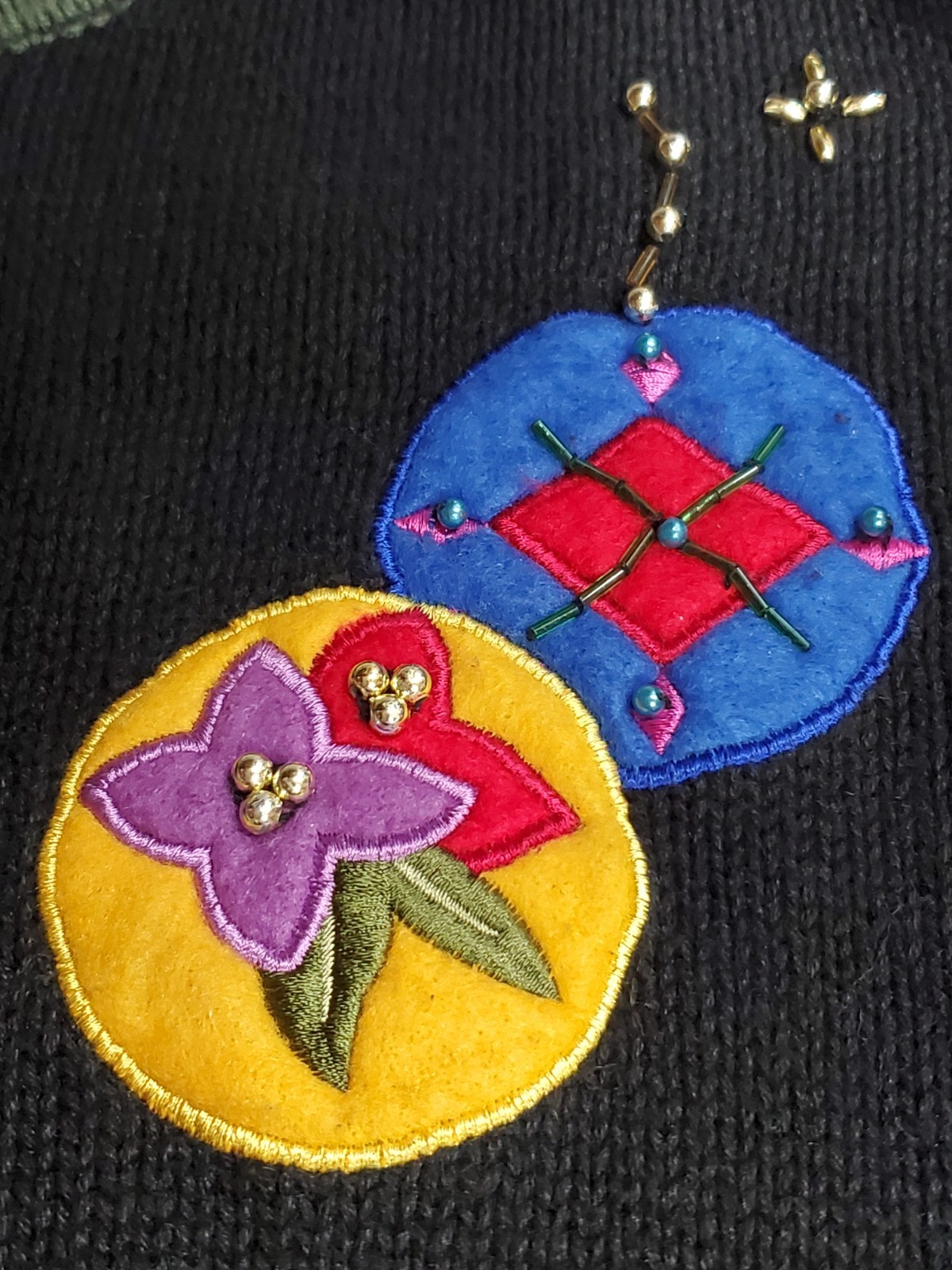 VTG Ugly Bobbie Brooks XL Christmas Sweater Cardigan Beaded Felt Ornaments Black