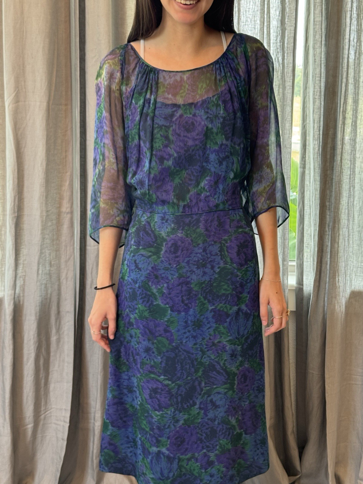 Vtg 40’s Silk Chiffon Evening Dress Floral Blues L Satin Lining
