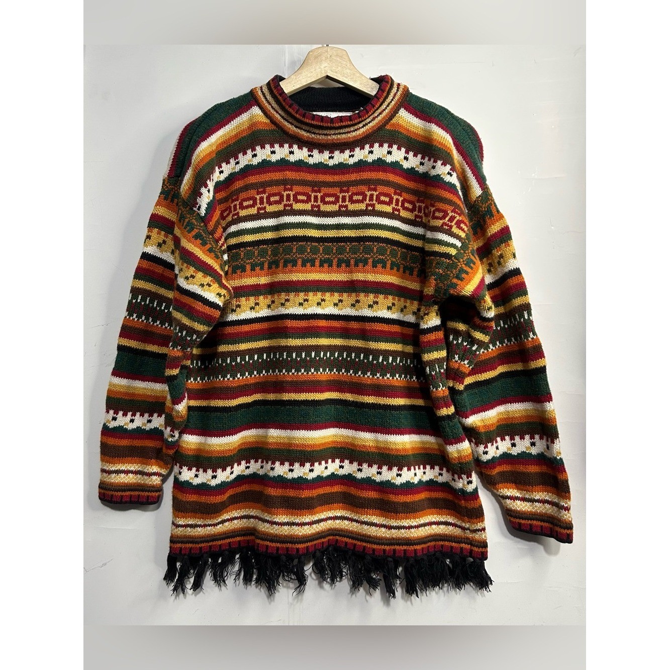 RARE Coach+Camel VTG Y2K Fringe Hem Cable Knit Boho Sweater Medium
